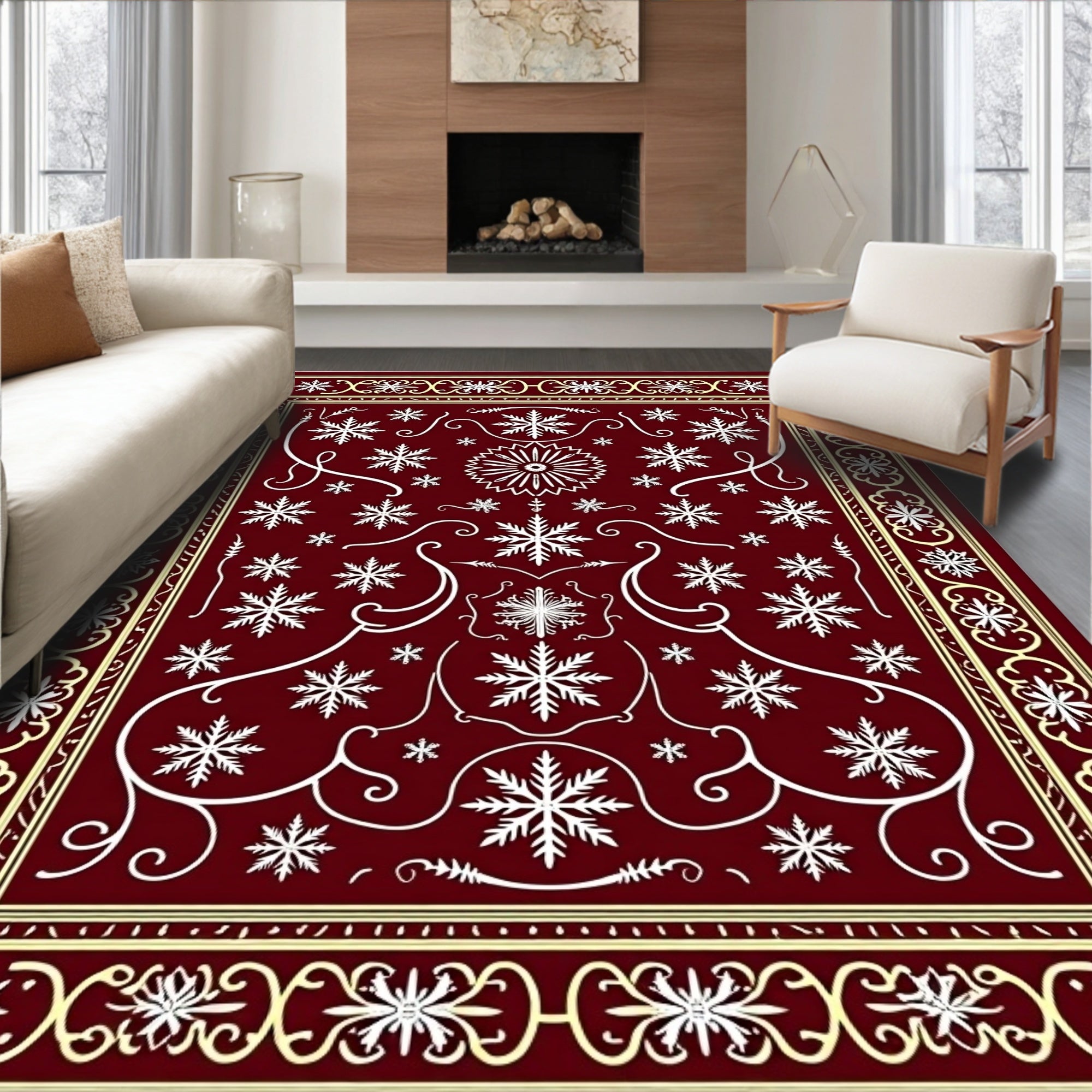 Deep Red Snowflake Medallion Border Rug