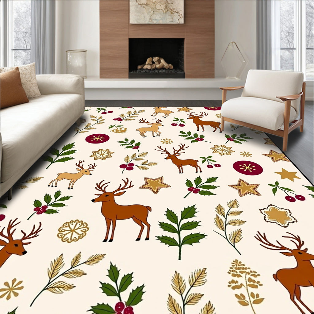 Golden Deer Festive Holly Berry Woodland Rug