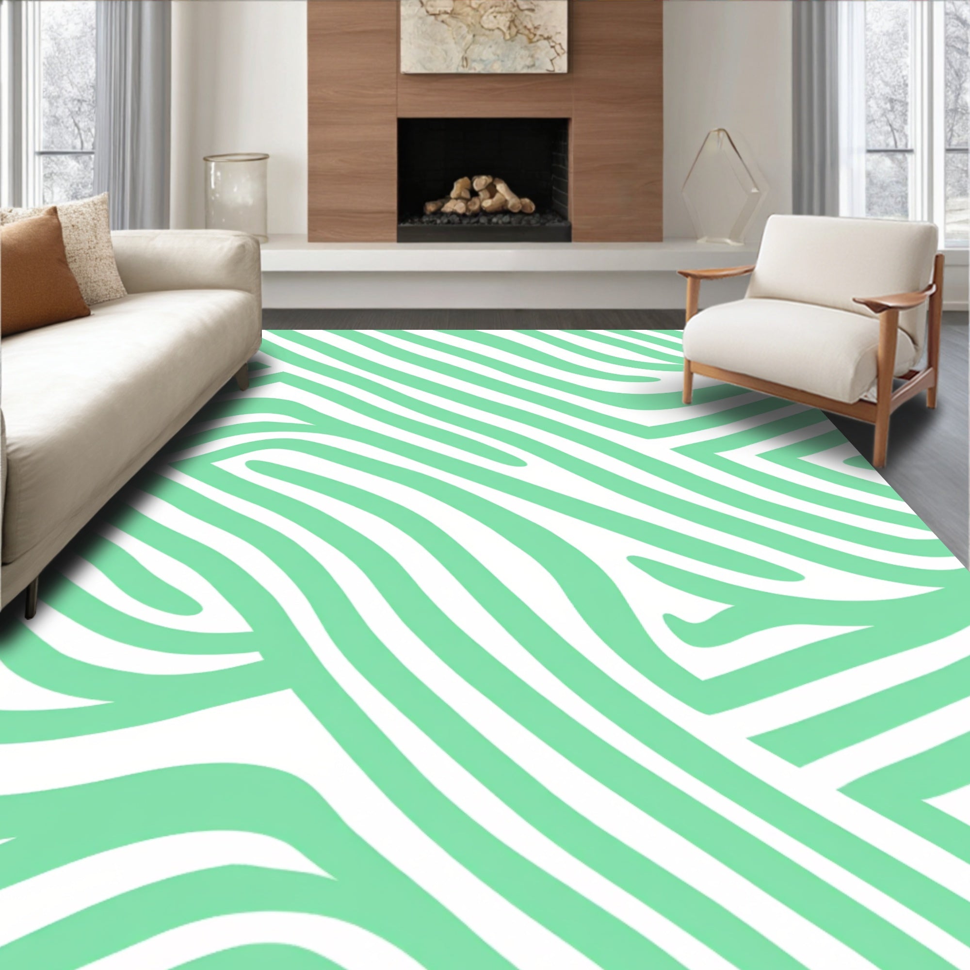 Pale Green Abstract Zebra Stripes Rug