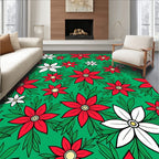 Red White Floral Accents Green Background Rug