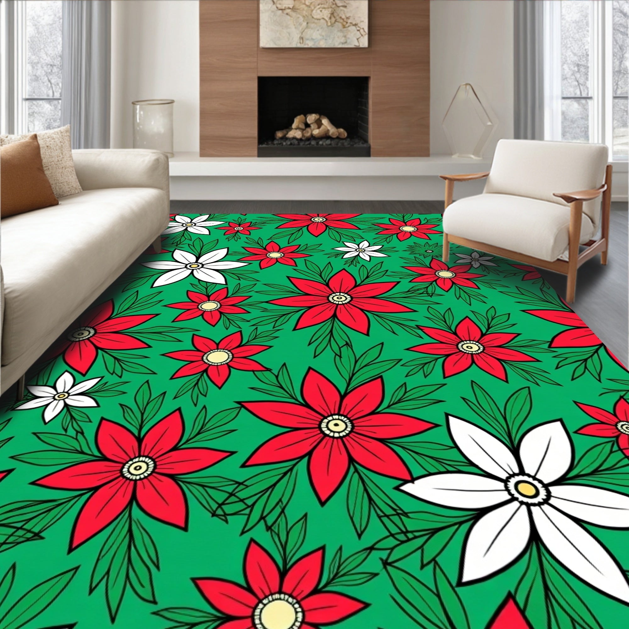 Red White Floral Accents Green Background Rug