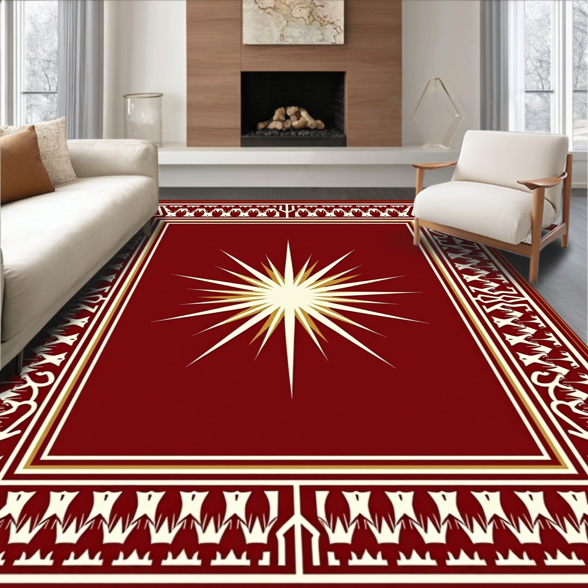 Crimson Sunburst Geometric Border Rug