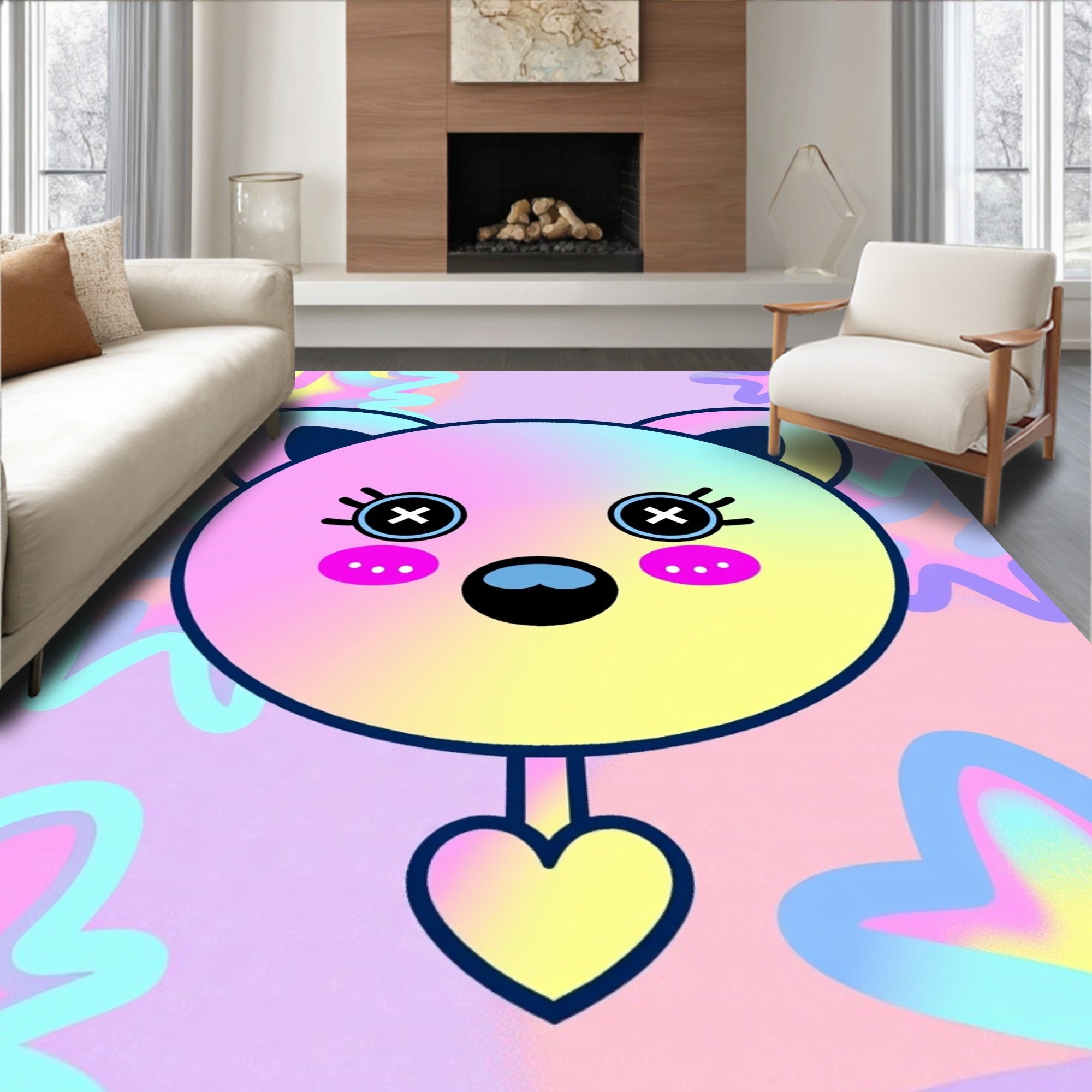 Whimsical Kawaii Bear Pastel Starburst Rug