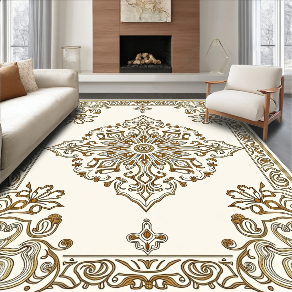 Antique Gold Floral Medallion Border Rug