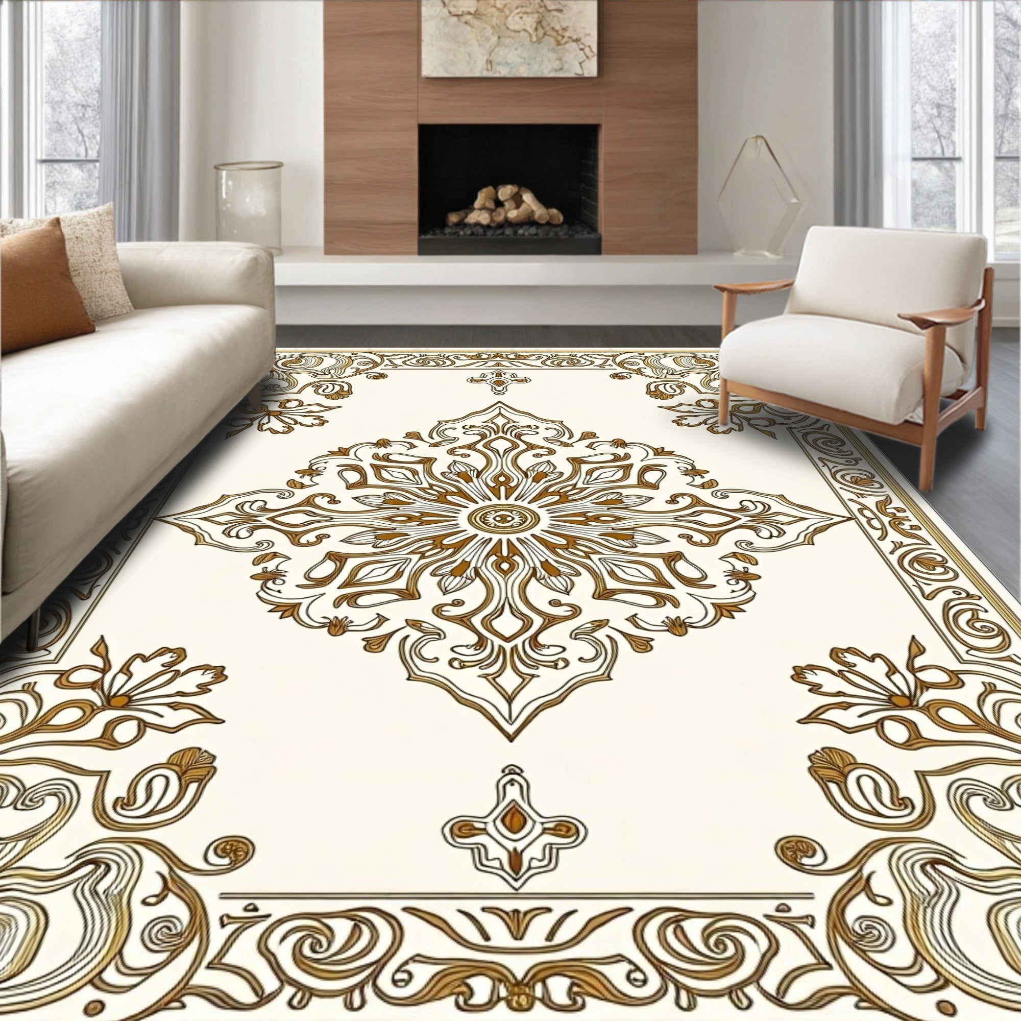 Antique Gold Floral Medallion Border Rug