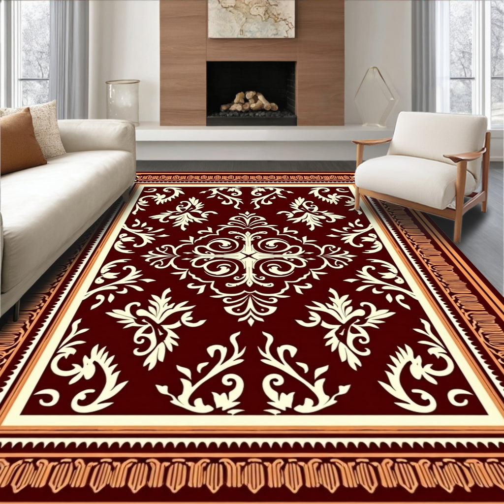 Rich Burgundy Cream Floral Frame Rug