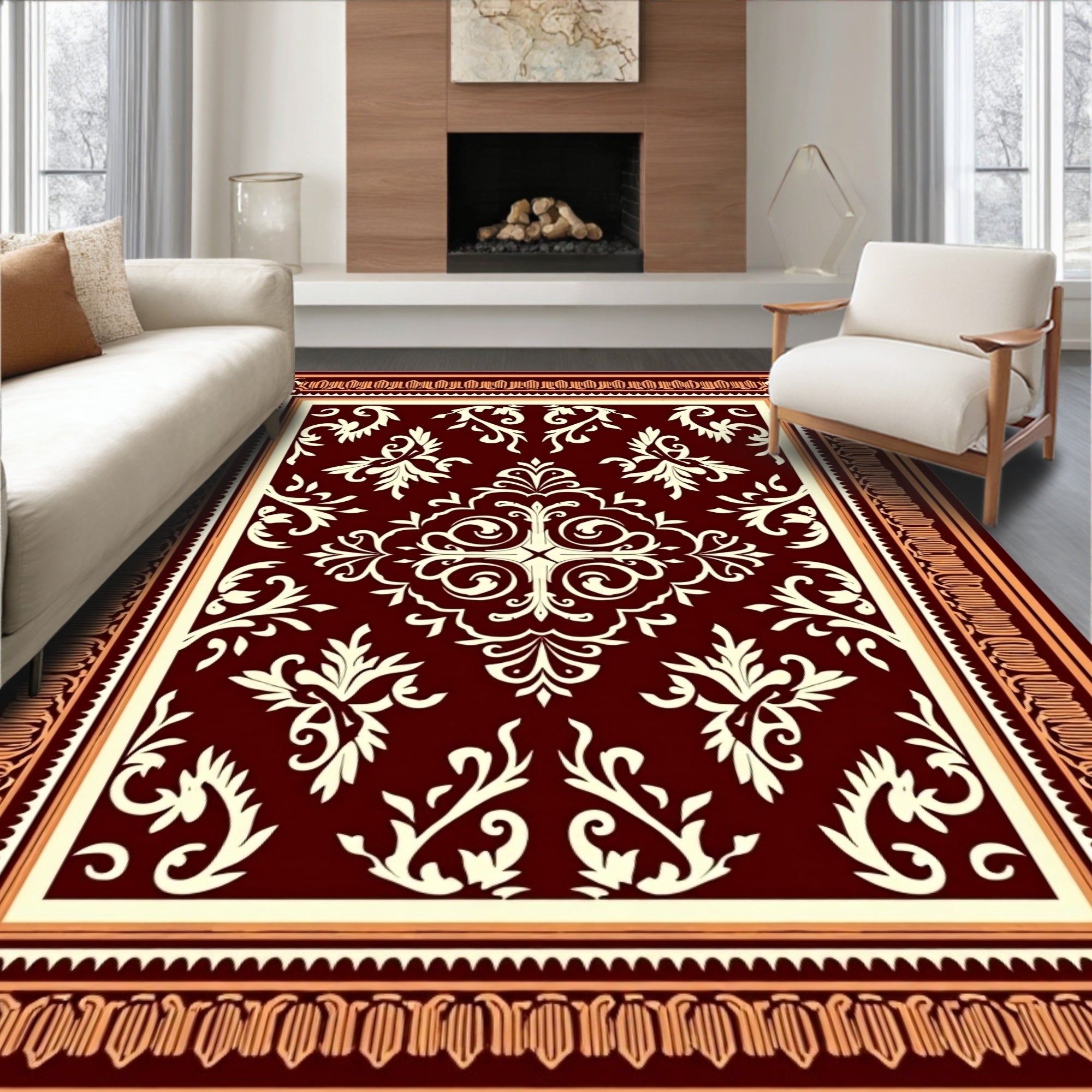 Rich Burgundy Cream Floral Frame Rug
