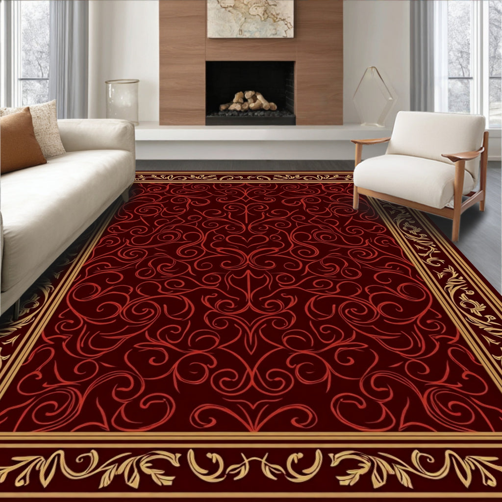 Crimson Red Ornate Scrollwork Blanket Stitch Rug
