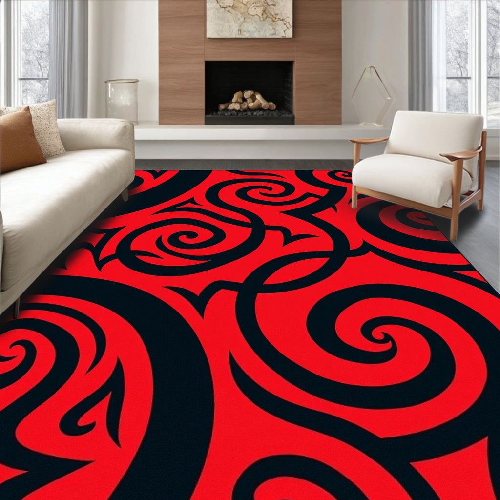Bold Red Swirling Tribal Art Rug