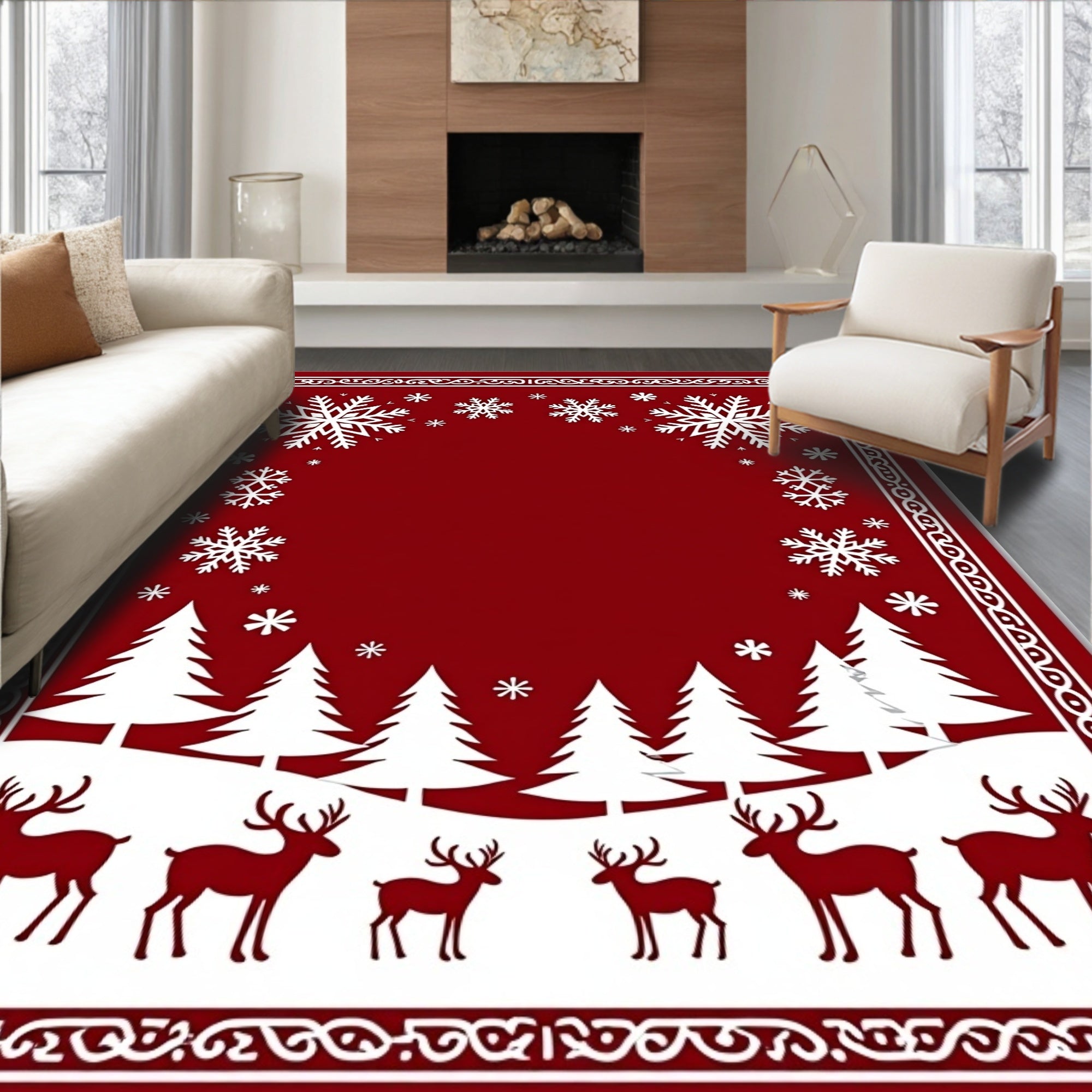 Crimson Snowflakes Deer Forest Border Rug