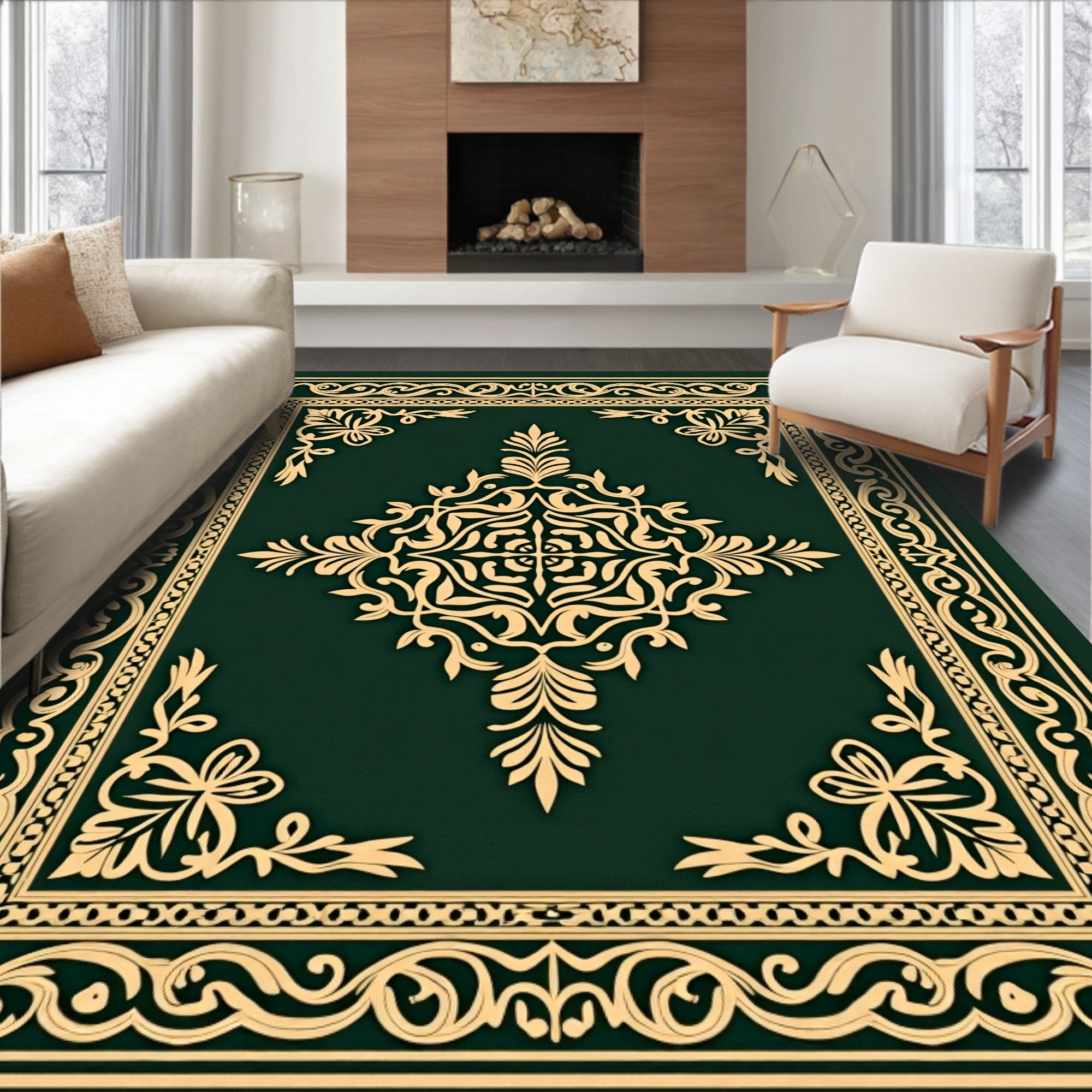 Deep Green Golden Floral Medallion Rug