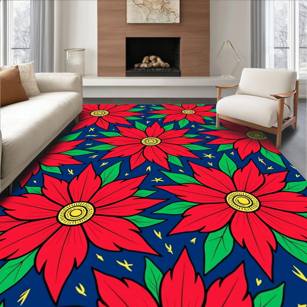 Bold Red Poinsettia Floral Rug