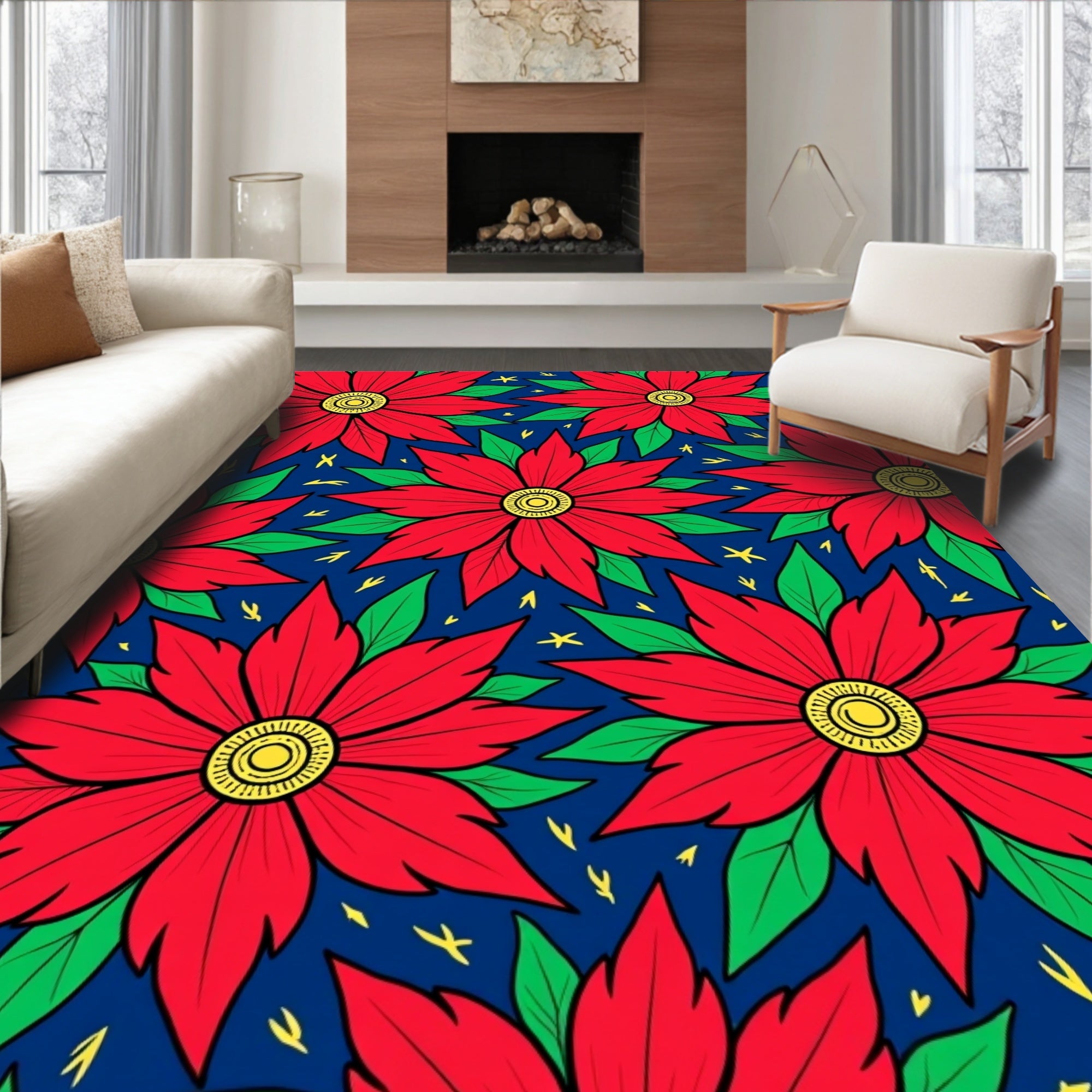 Bold Red Poinsettia Floral Rug