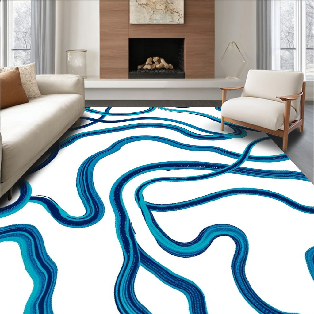 Oceanic Blue Abstract Wavy Lines Rug