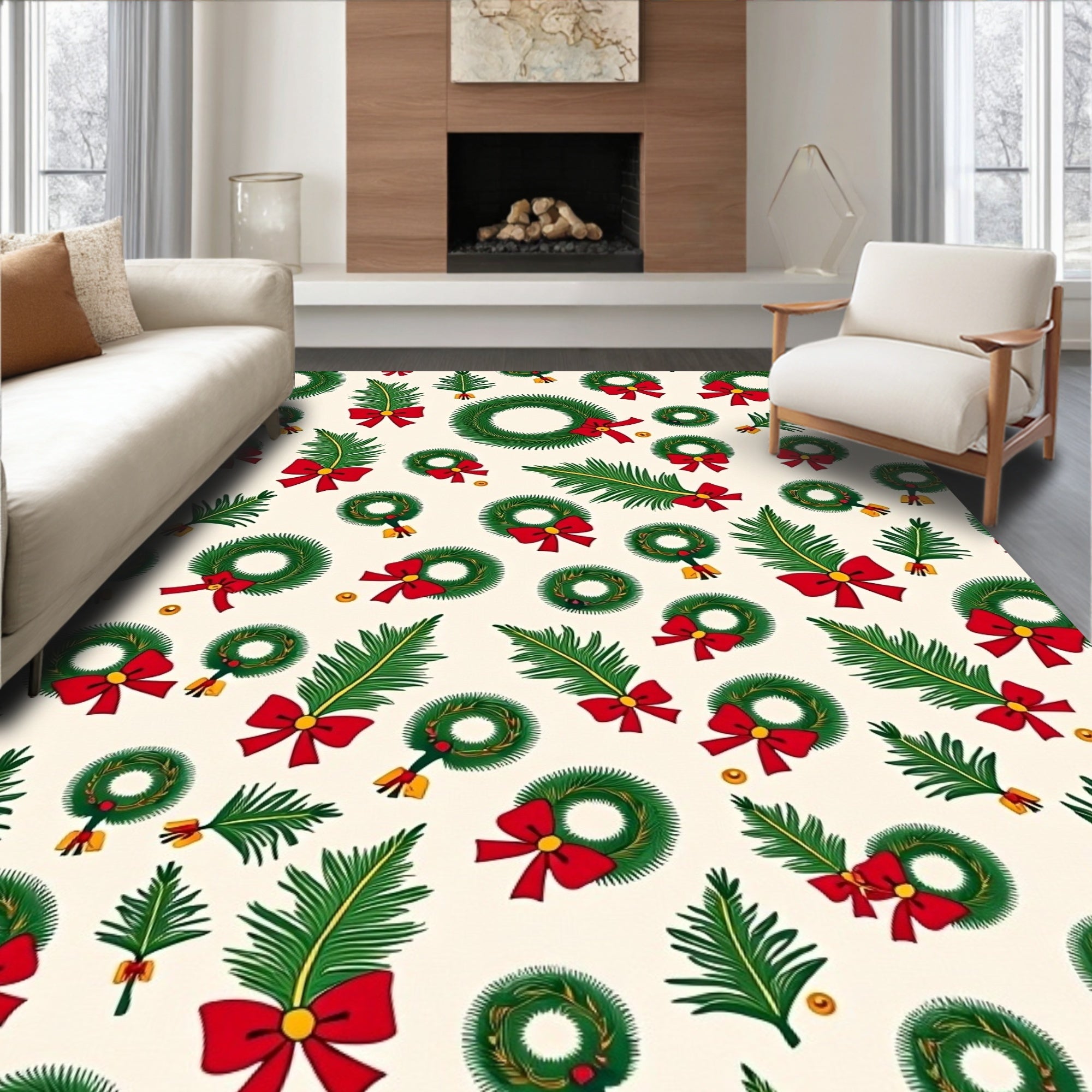 Festive Green Wreath Red Bow Collage Rug