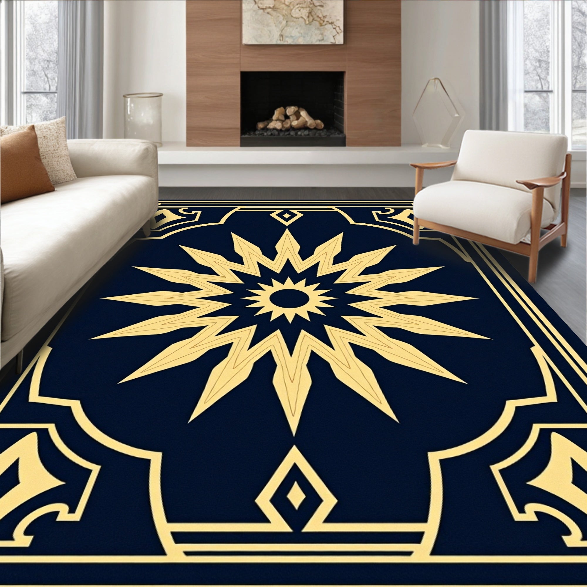 Gold Sunburst Geometric Frame Rug