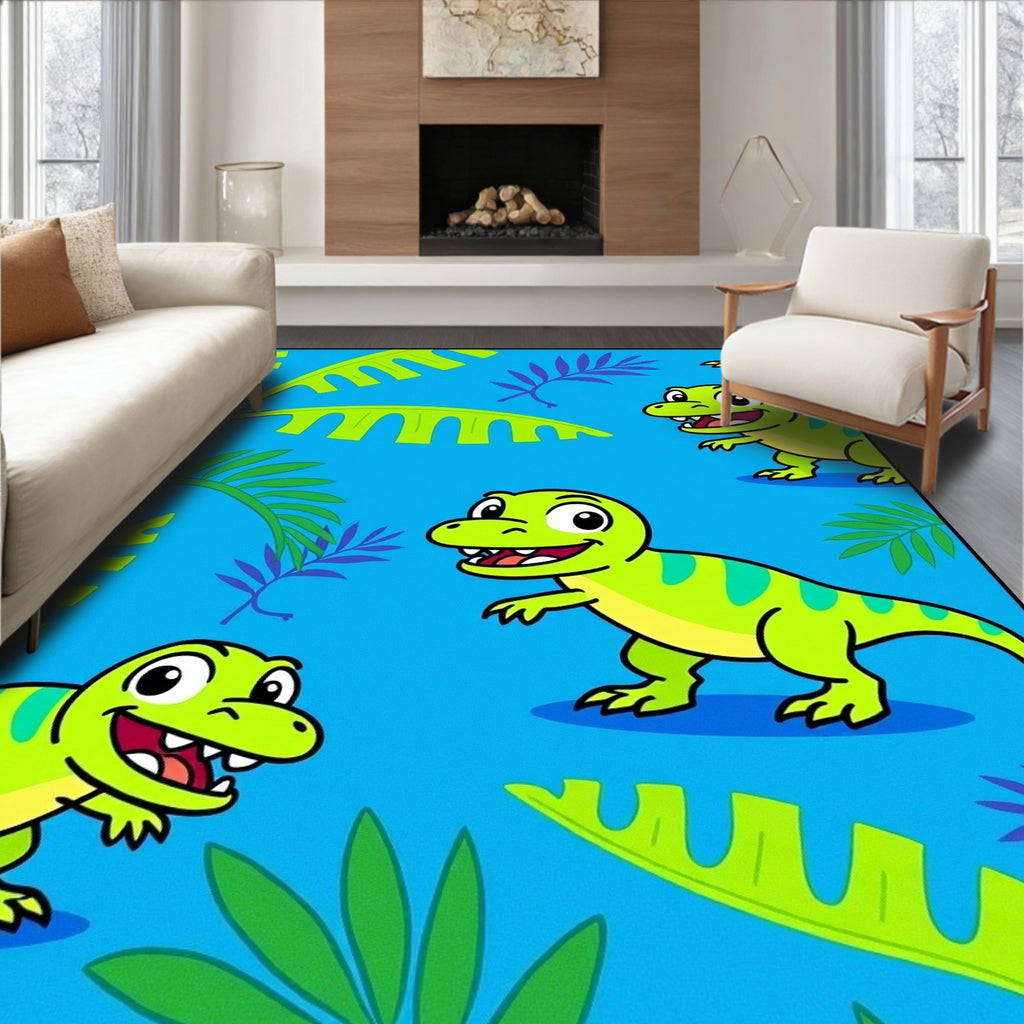 Playful Green Dinosaurs Jungle Theme Rug