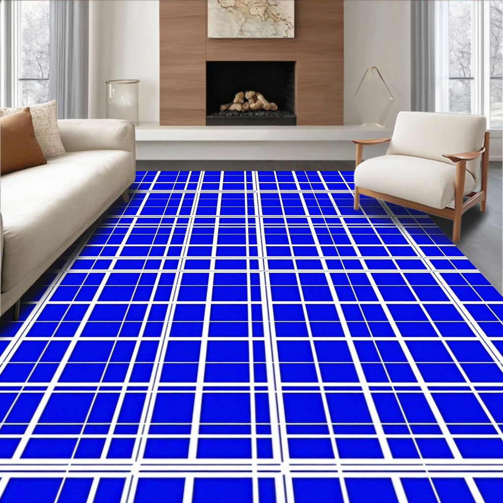 Bold Navy Blue Geometric Grid Rug