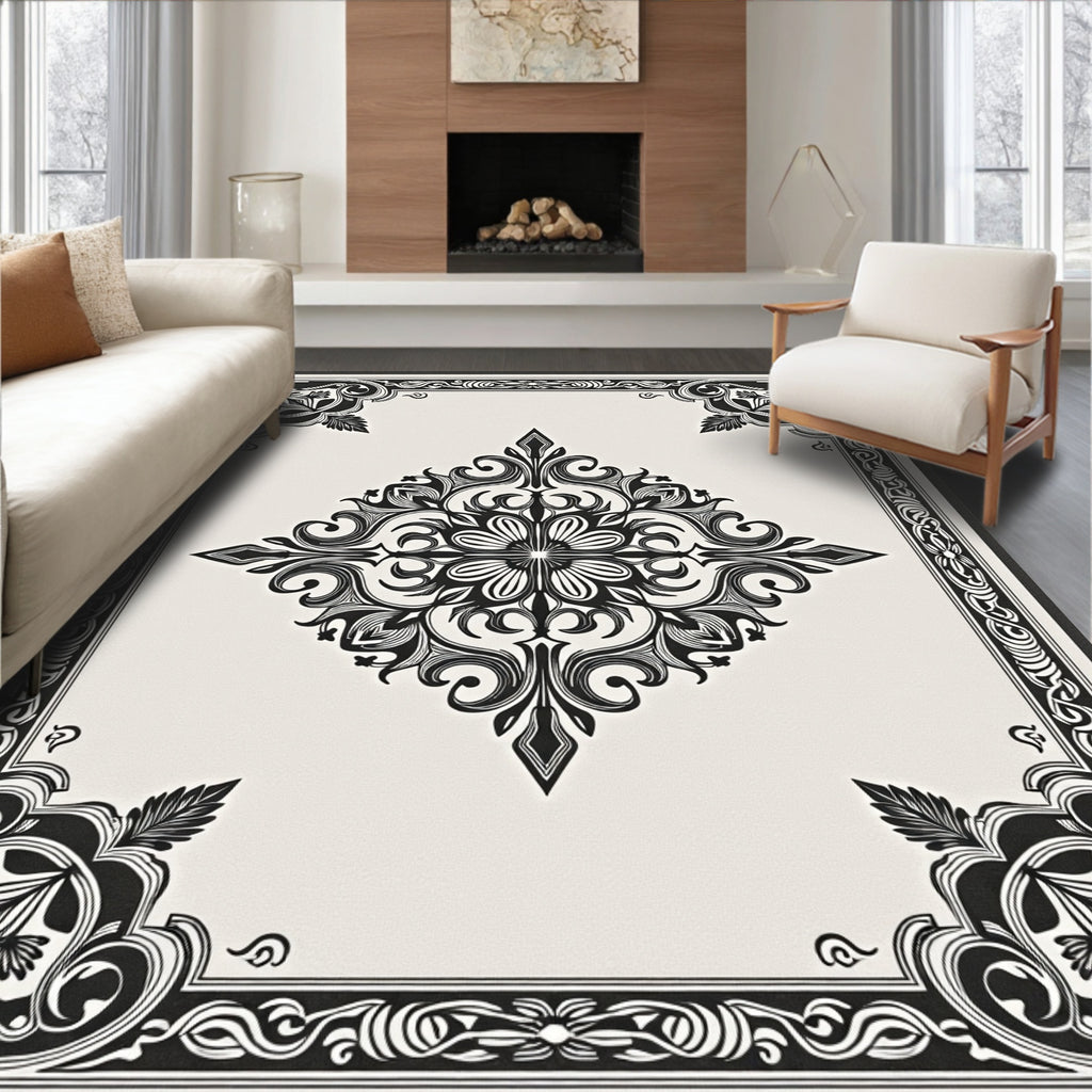 Ornate Ivory and Black Floral Medallion Rug