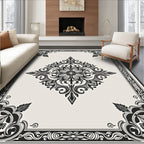 Ornate Ivory and Black Floral Medallion Rug