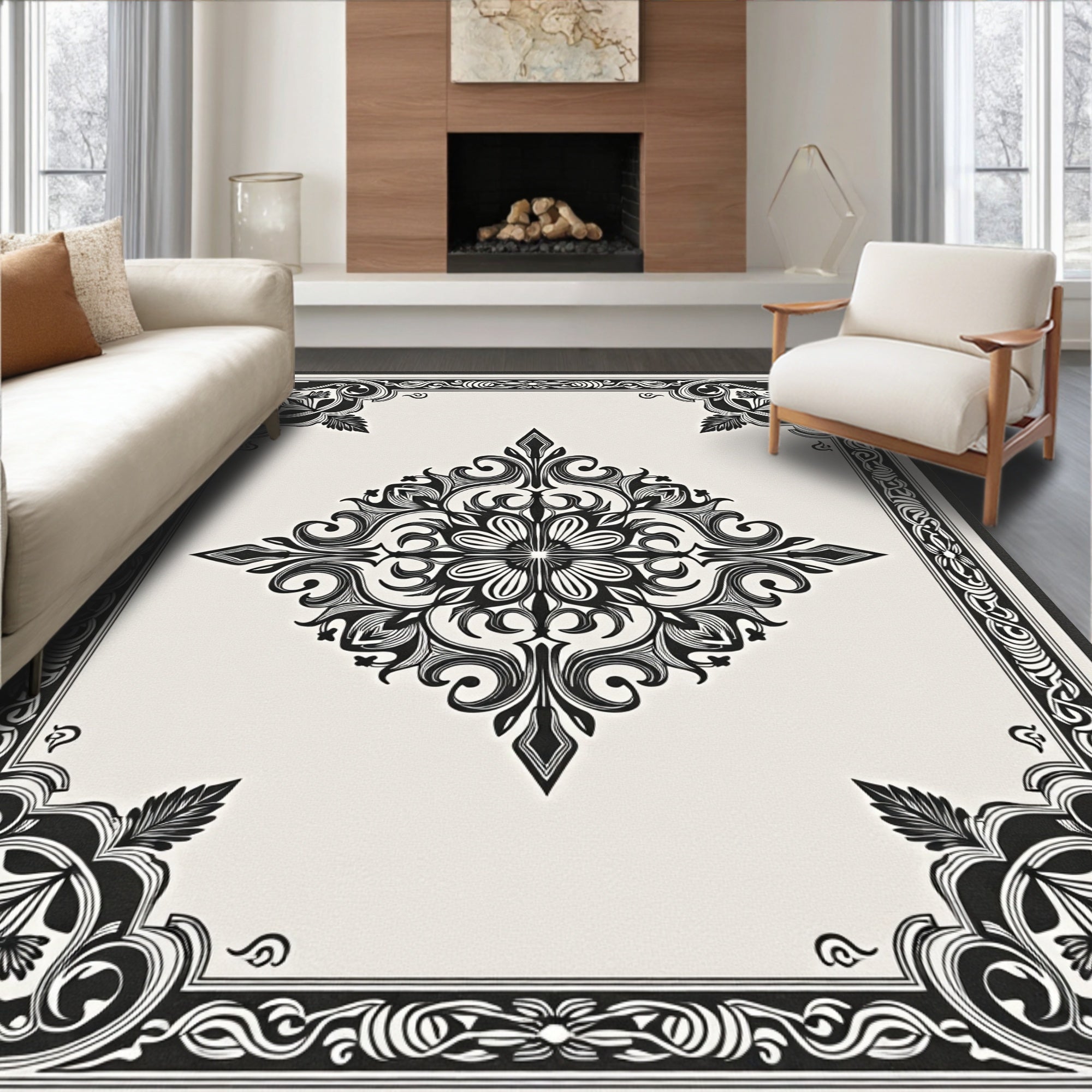 Ornate Ivory and Black Floral Medallion Rug