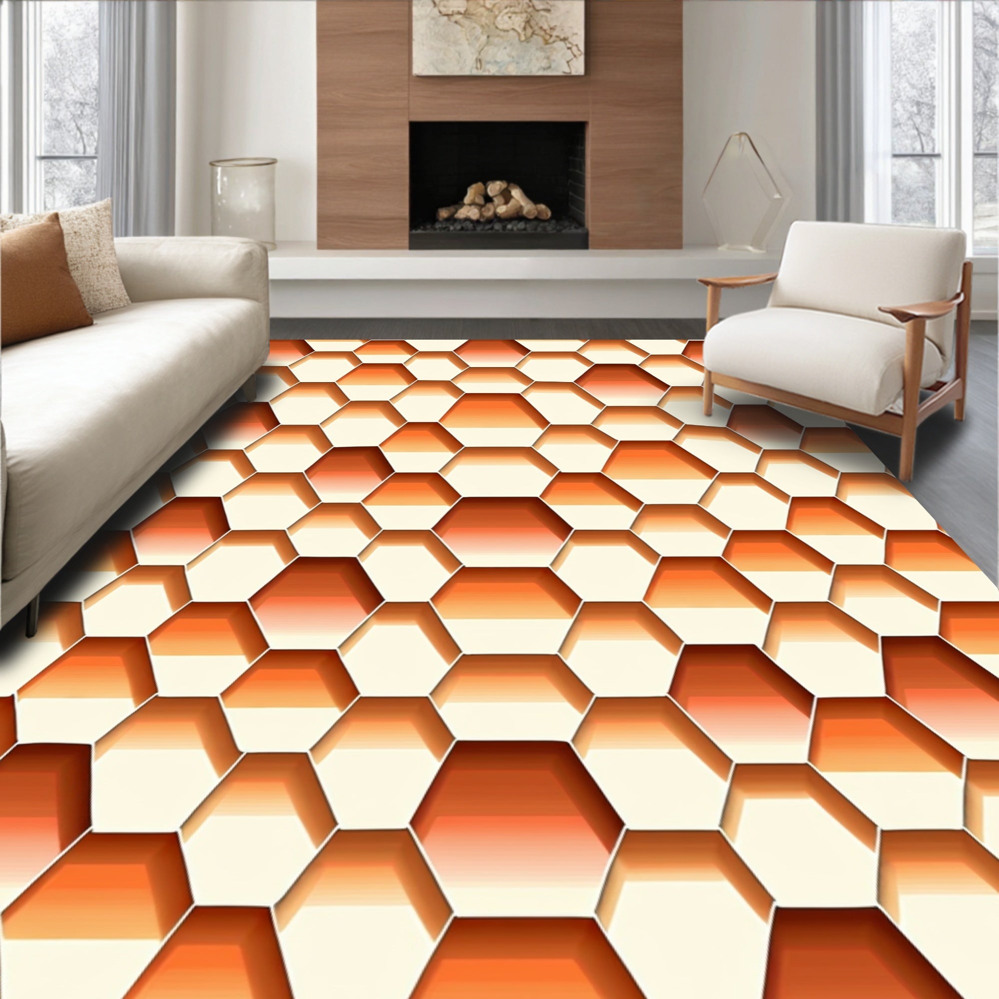 Warm Orange Honeycomb Geometric Rug