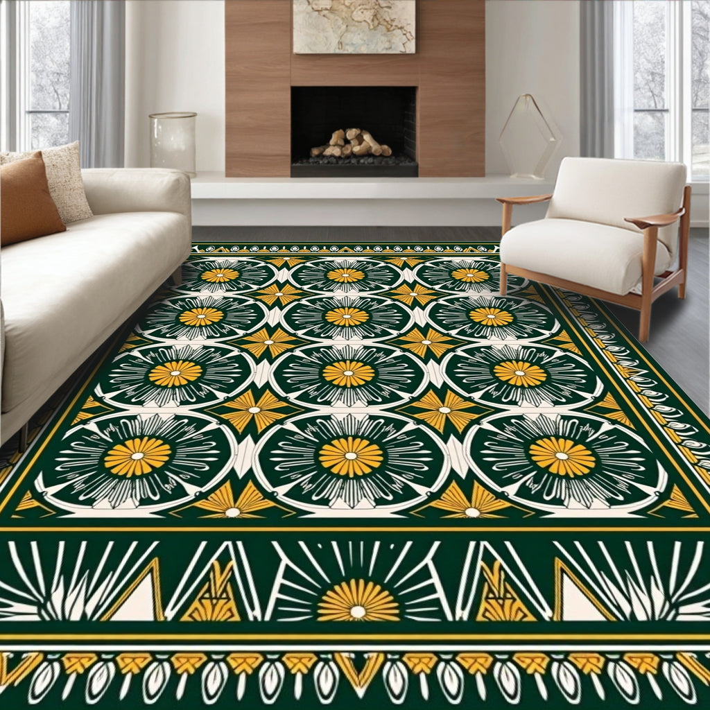 Deep Green Gold Sunburst Circles Rug