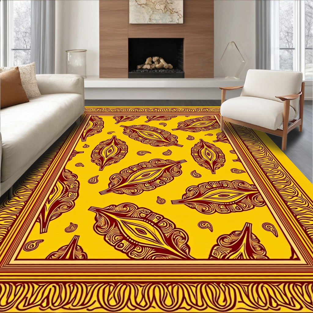 Golden Yellow Paisley Leaf Border Rug