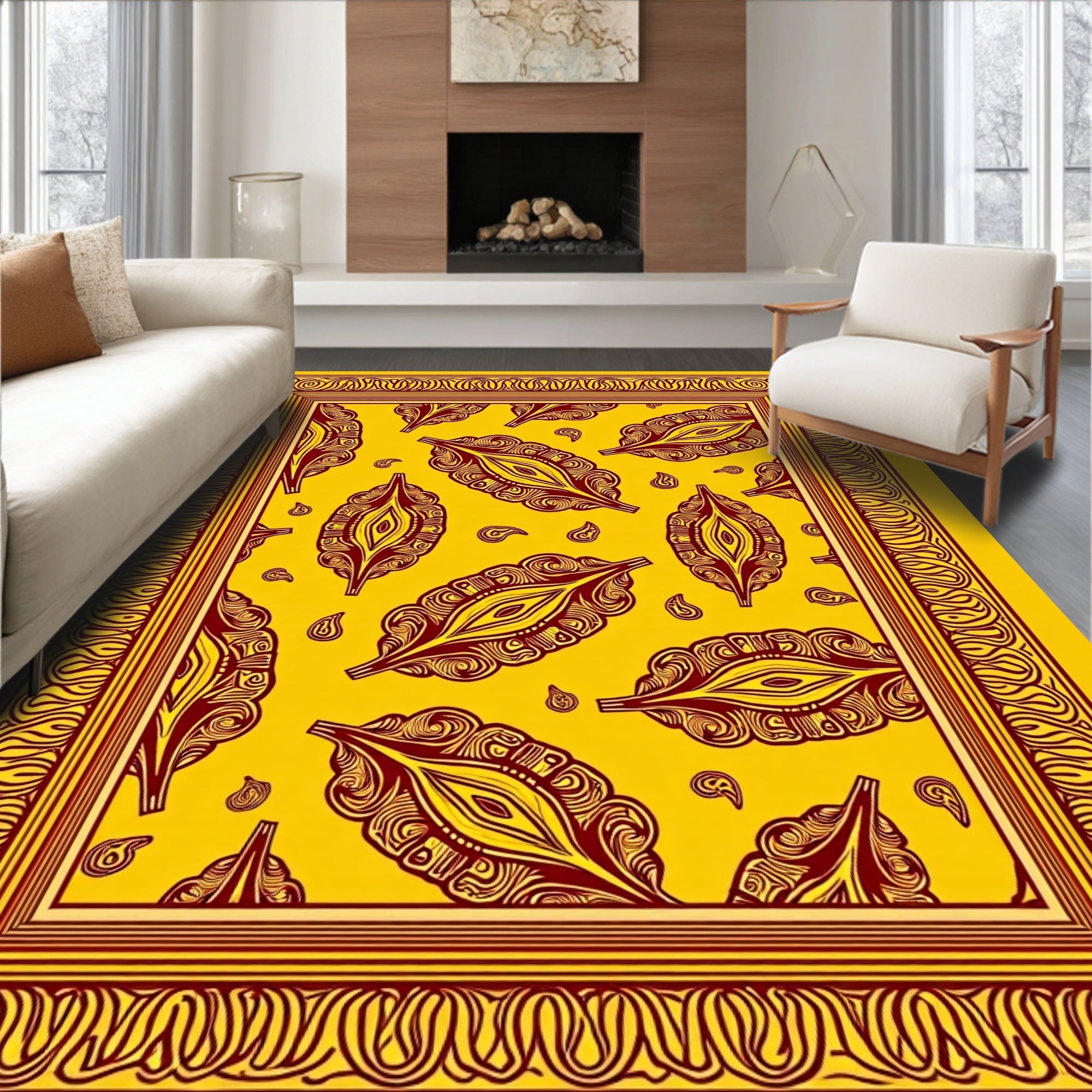 Golden Yellow Paisley Leaf Border Rug