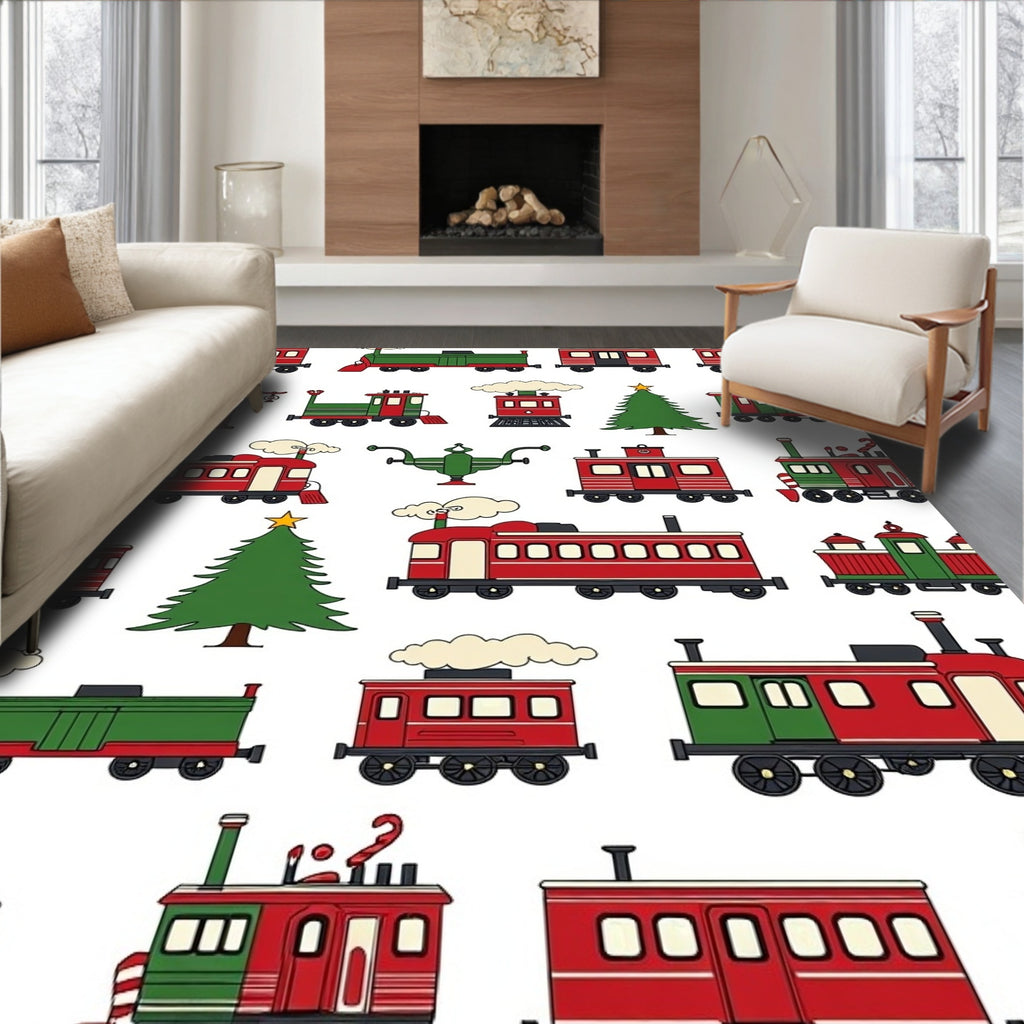 Festive Red Green Train Holiday Motif Rug