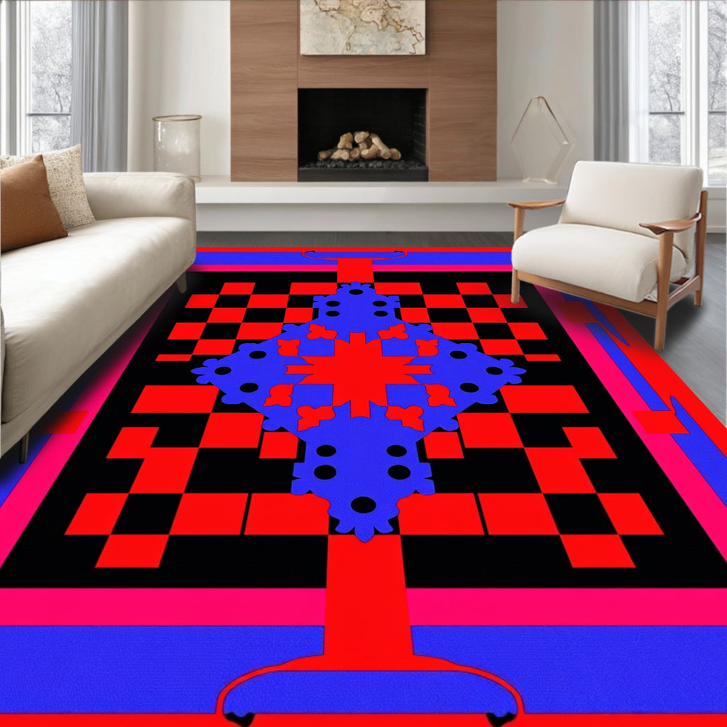Vibrant Blue Red Checkerboard Mandala Rug