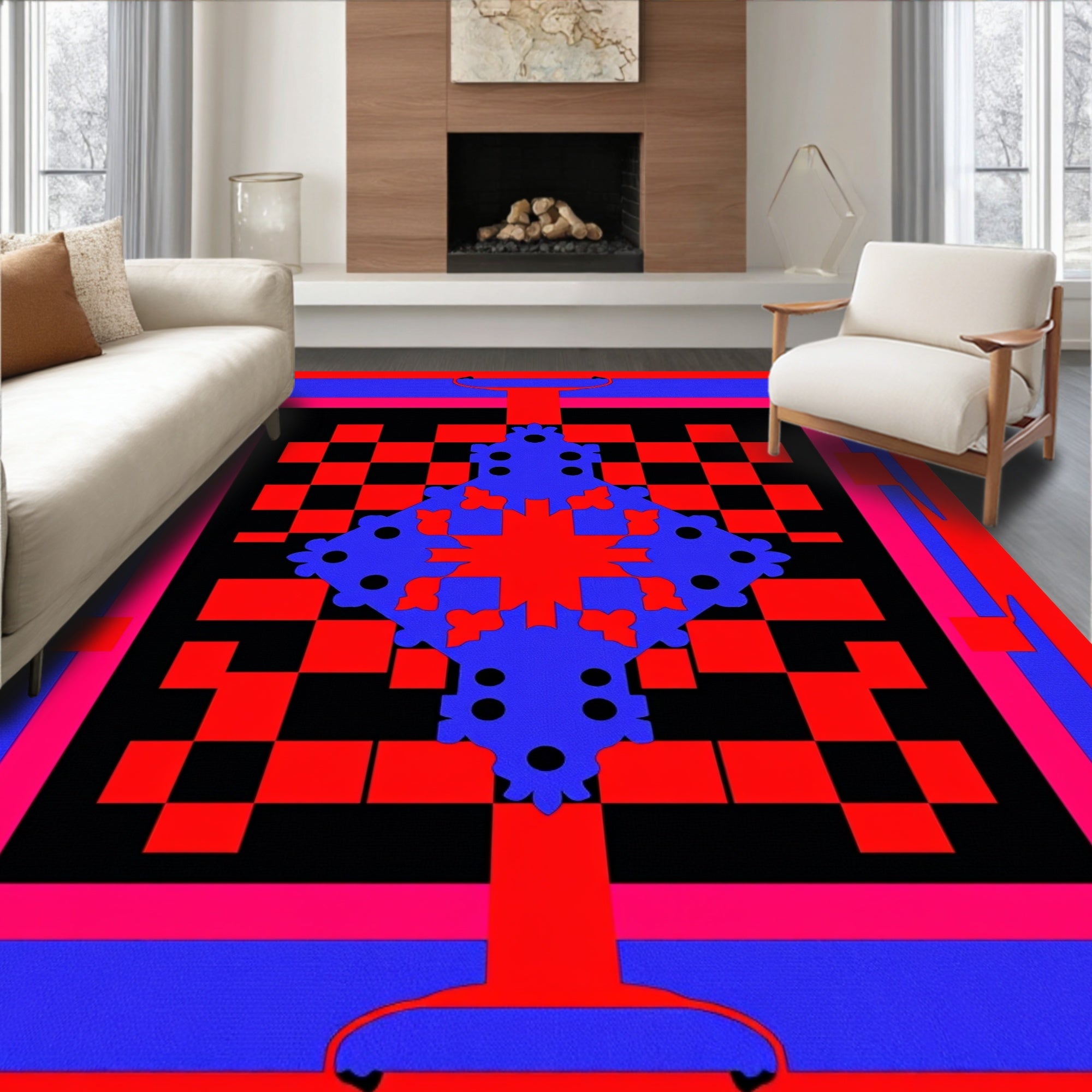 Vibrant Blue Red Checkerboard Mandala Rug