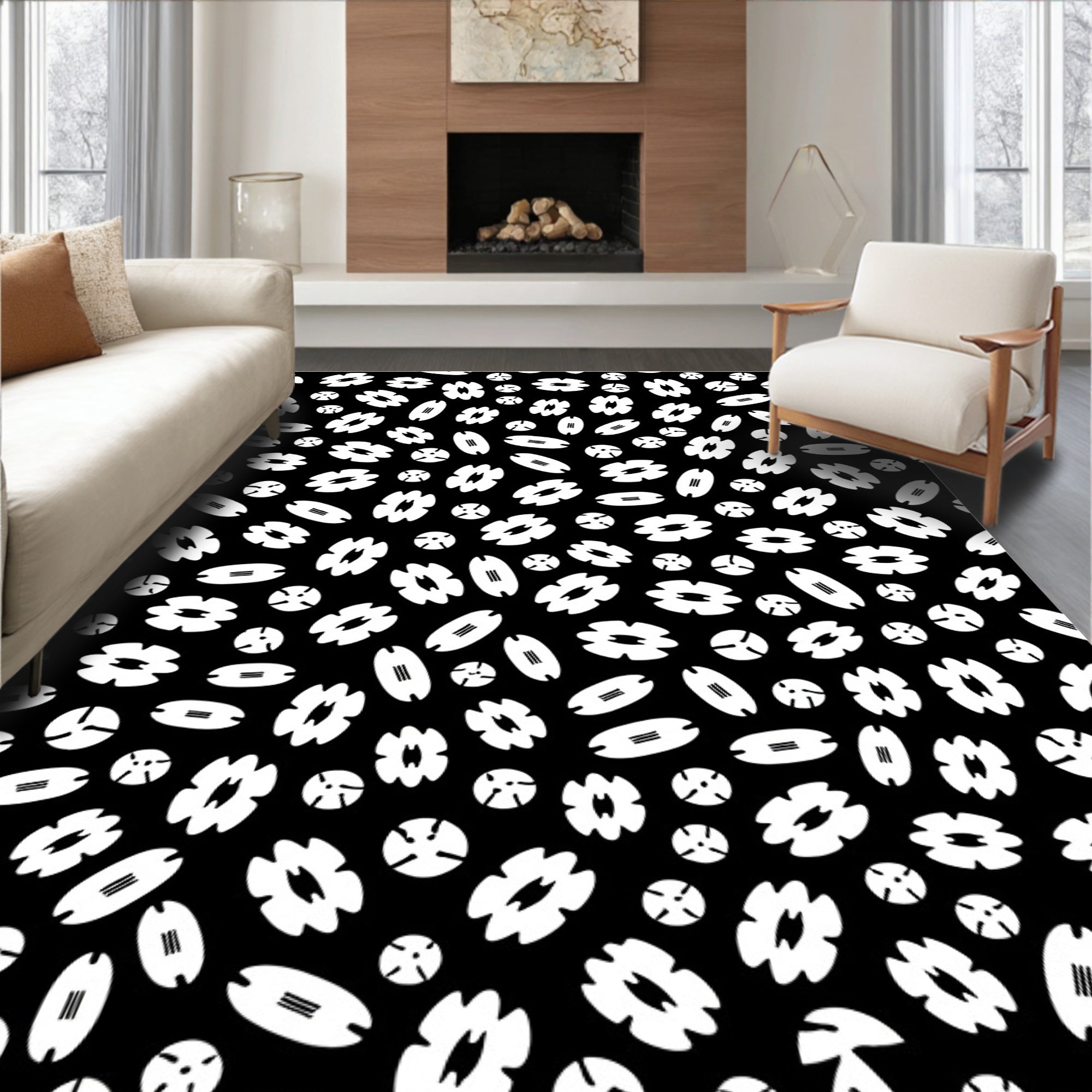 White Floral Oval Scatter Rug