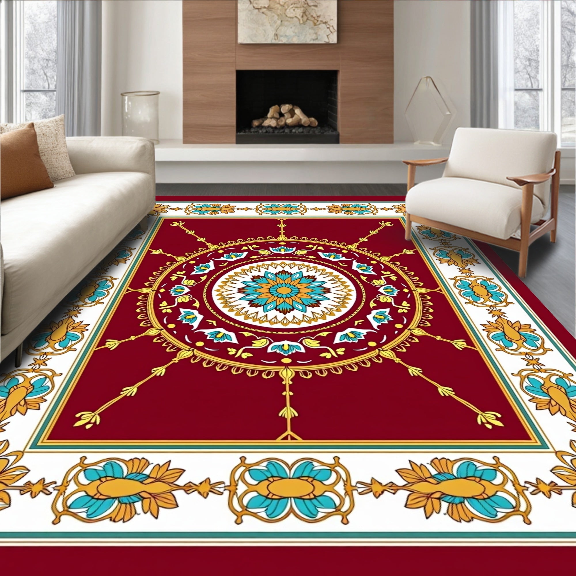 Maroon Golden Turquoise Floral Medallion Rug