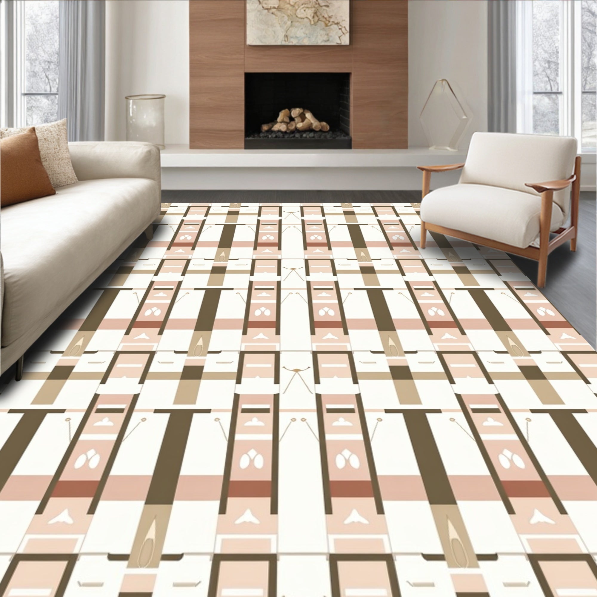 Sophisticated Beige Geometric Grid Rug