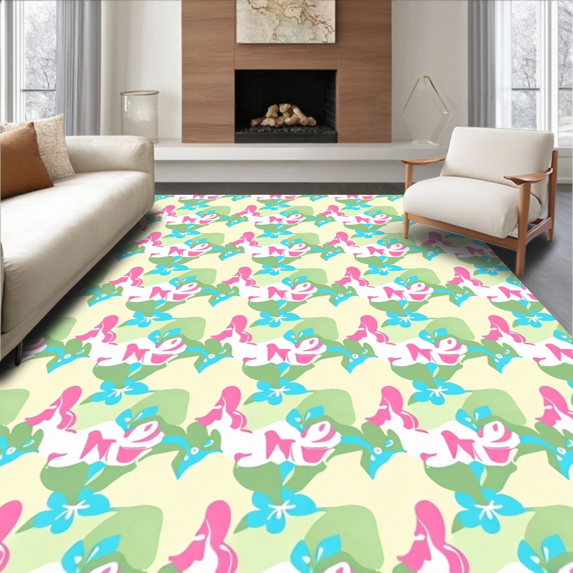 Pastel Coral Pink Flower Garland Rug