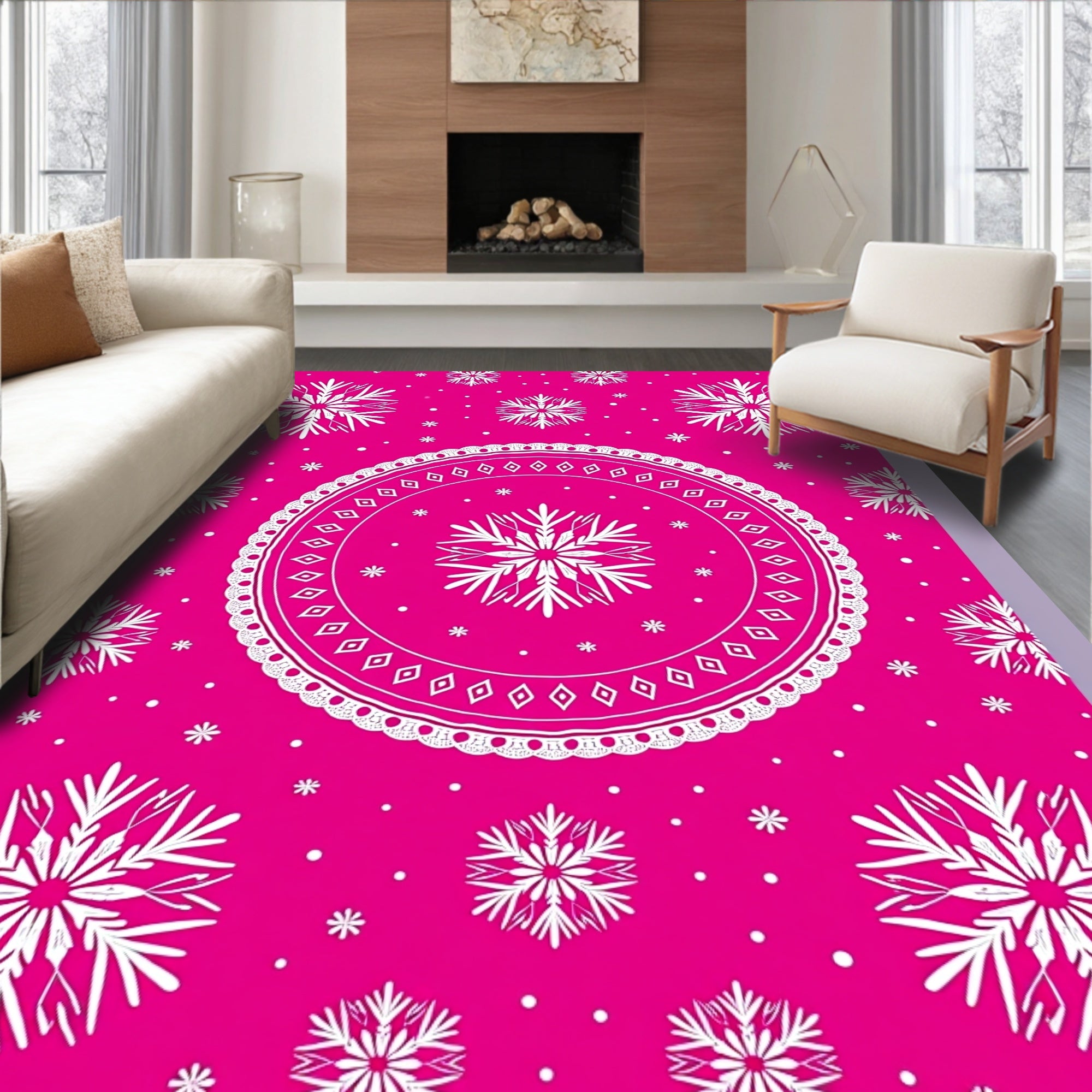 Vibrant Pink Snowflake Mandala Rug