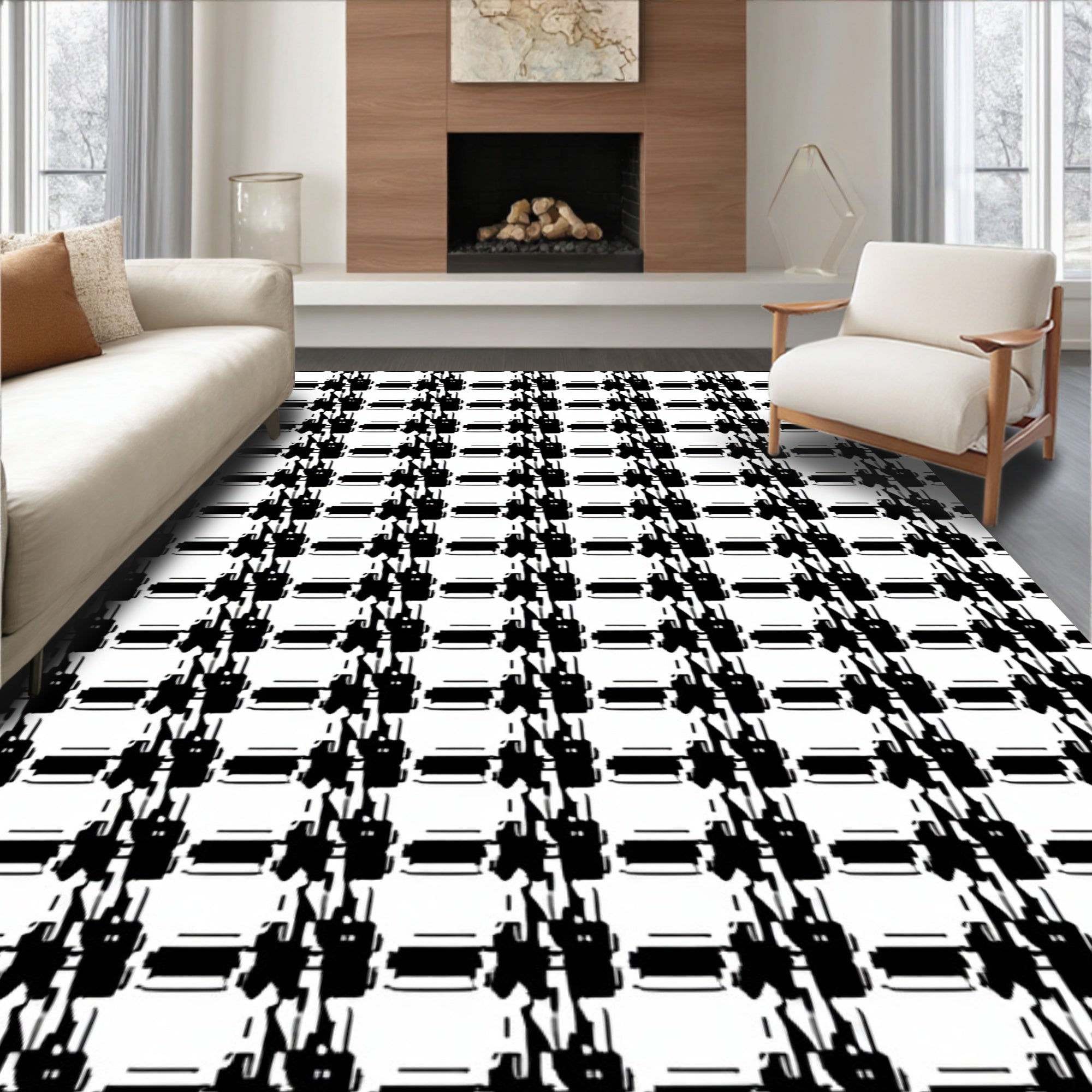 Black White Houndstooth Checkered Rug