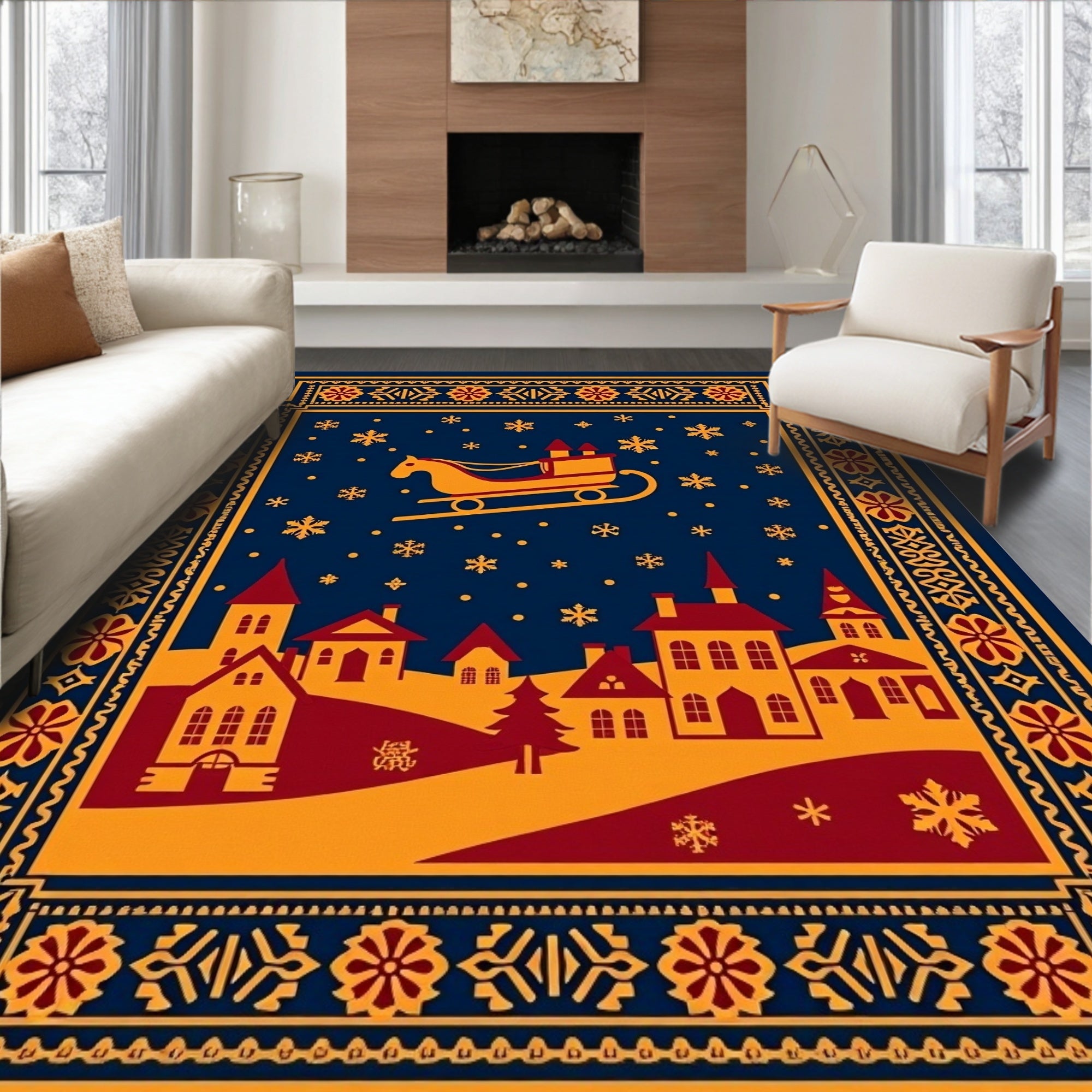 Winter Village Sleigh Ride Snowflakes Rug