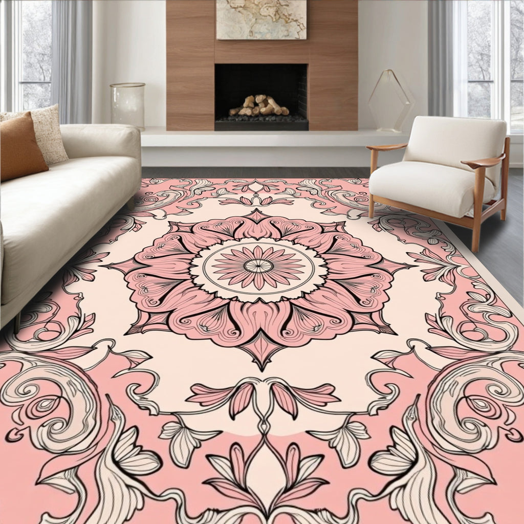 Pink Floral Medallion Scrollwork Rug