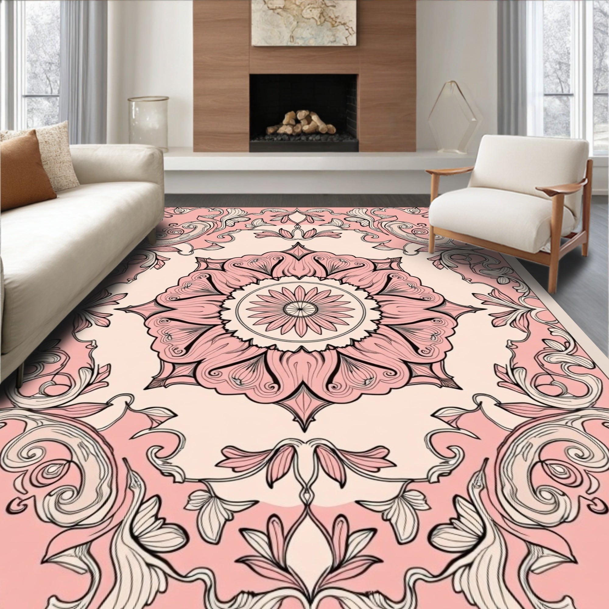 Pink Floral Medallion Scrollwork Rug