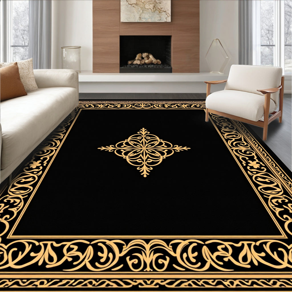 Golden Ornate Floral Border Rug