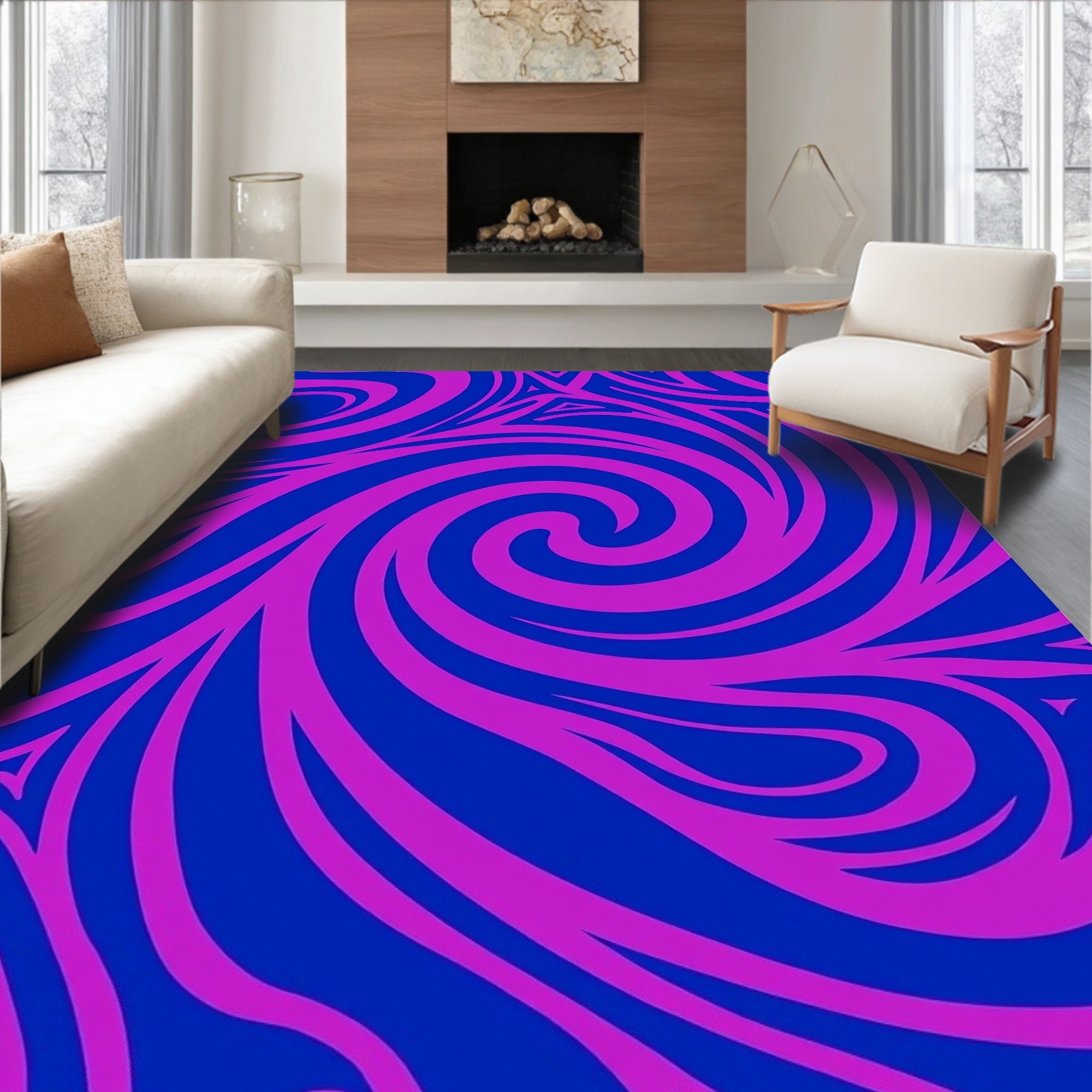 Vibrant Blue Pink Swirl Abstract Rug