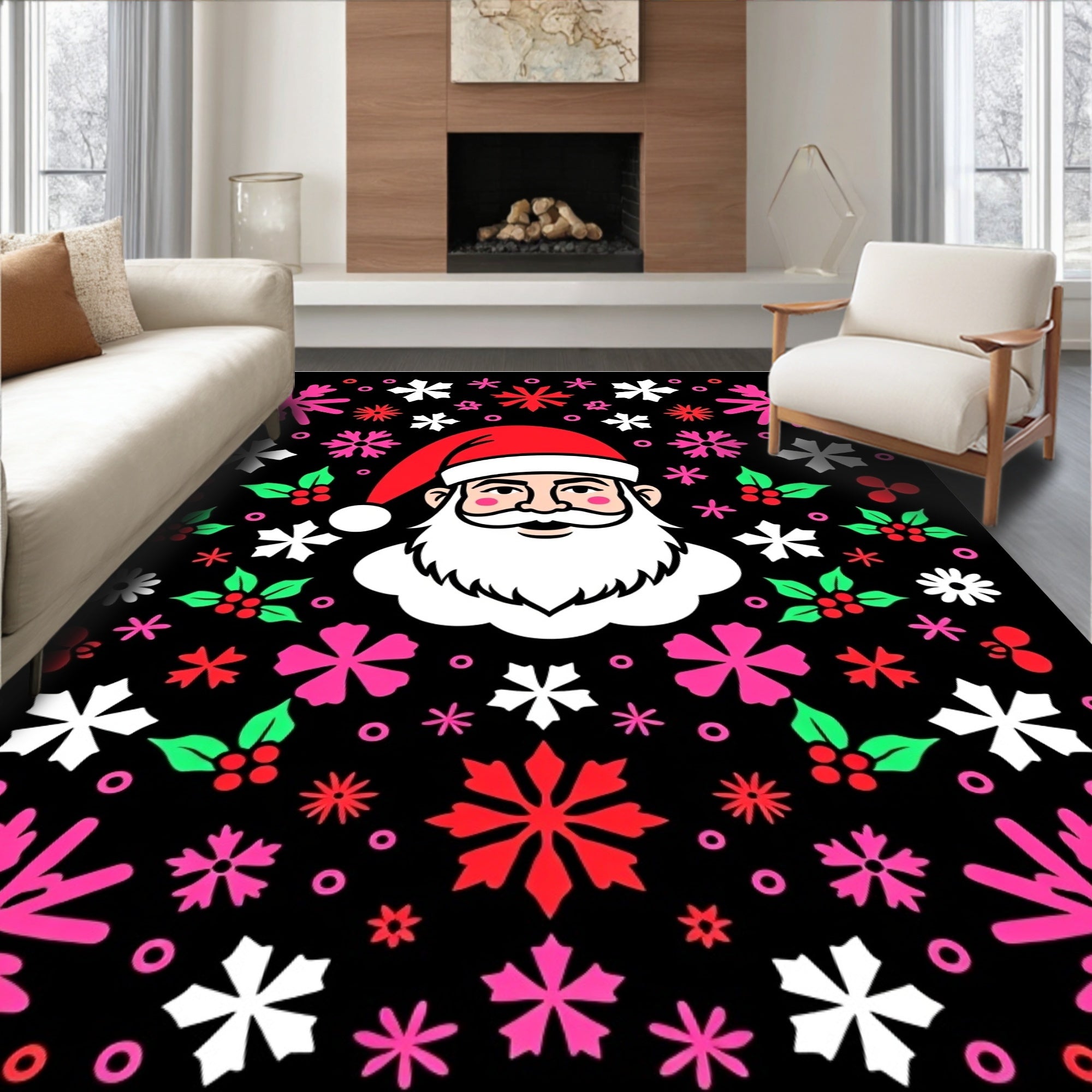 Santa Claus Snowflakes Holly Christmas Fun Rug