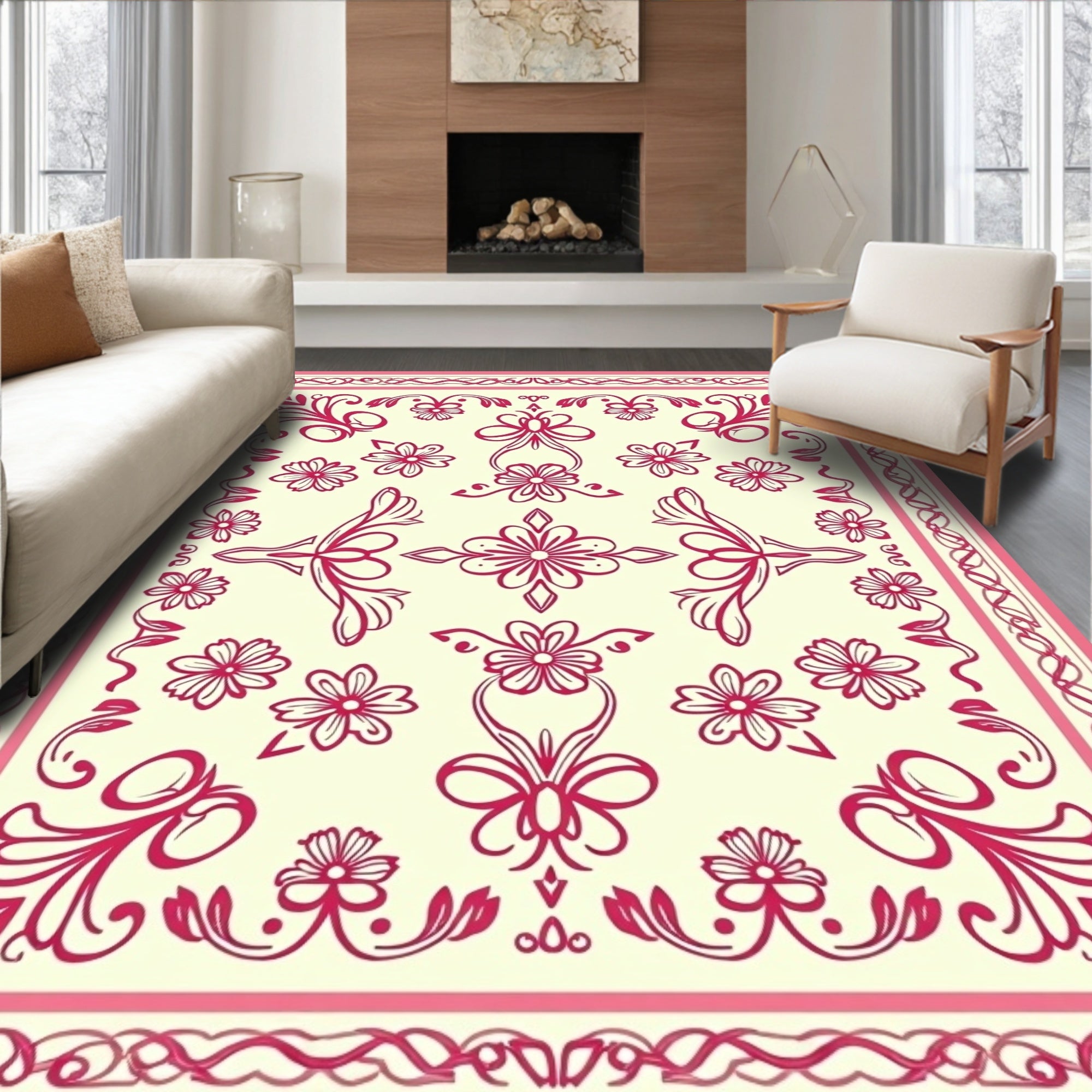 Crimson Floral Swirl Border Rug