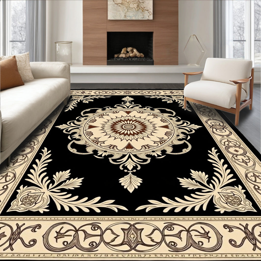 Black and Cream Floral Medallion Scroll Rug