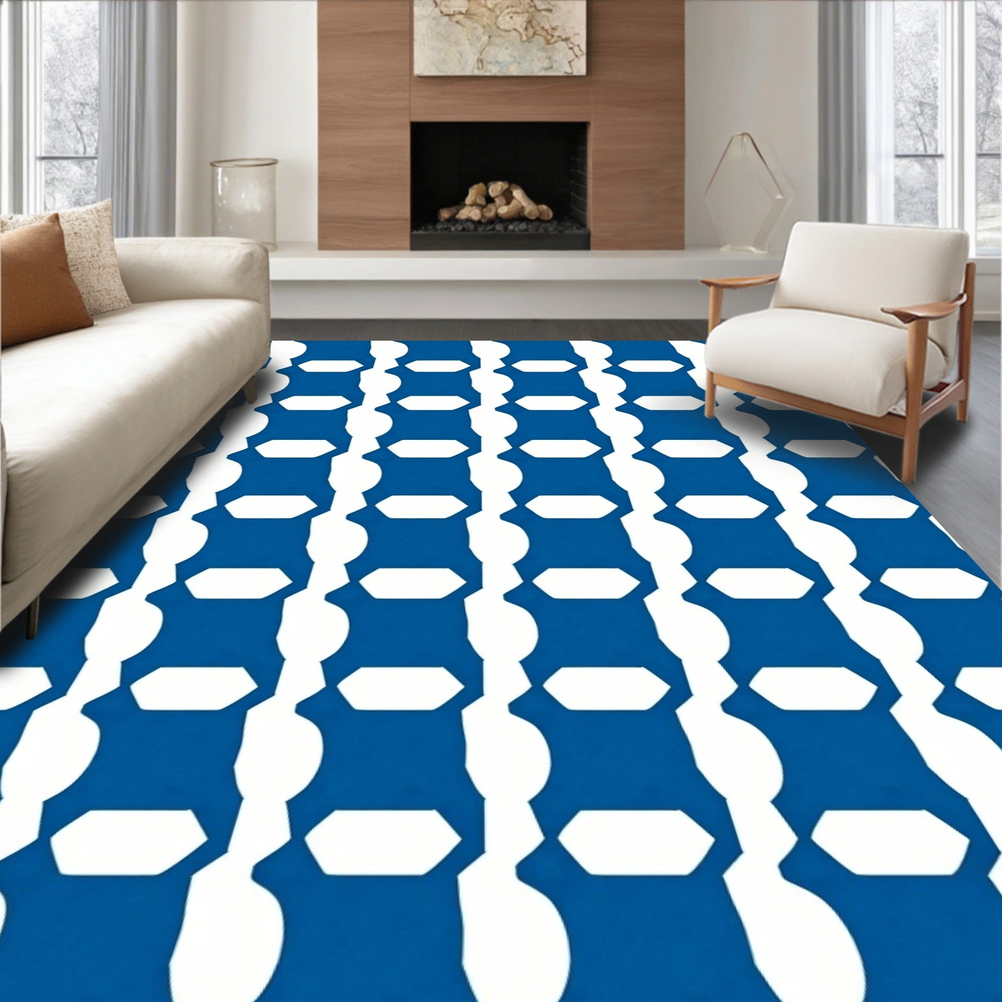Modern Blue White Geometric Column Rug