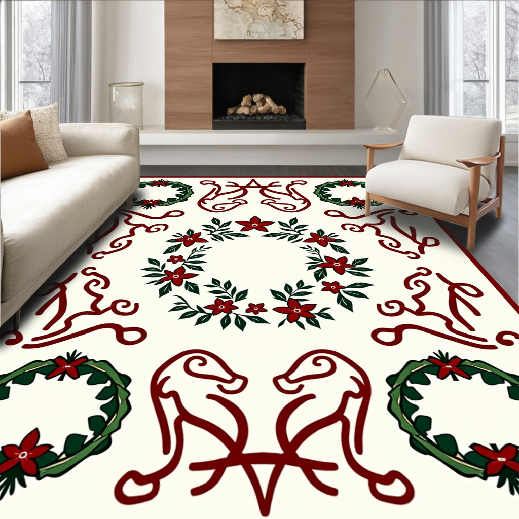 Crimson Wreaths and Abstract Figures Rug