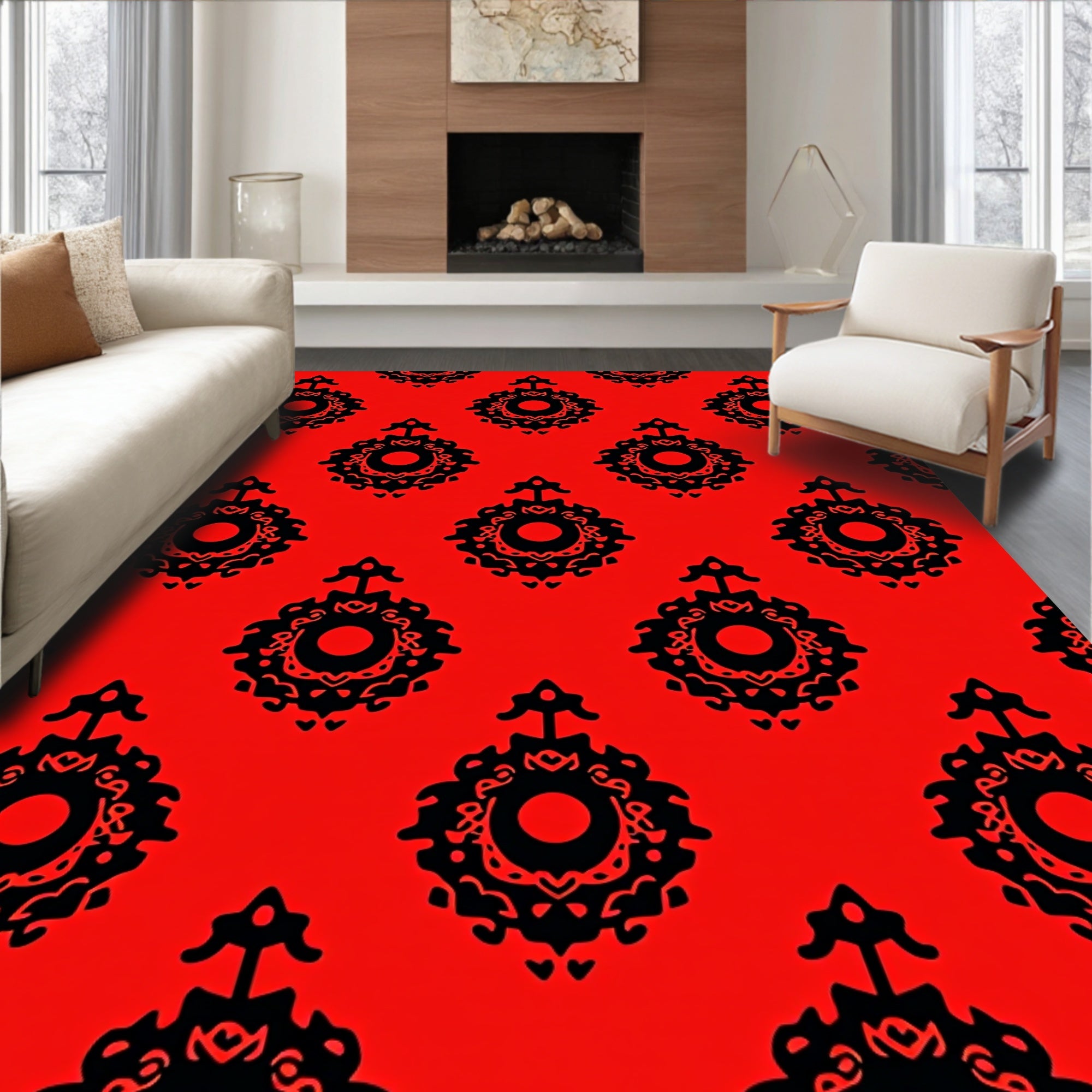 Bold Black Medallion on Red Rug