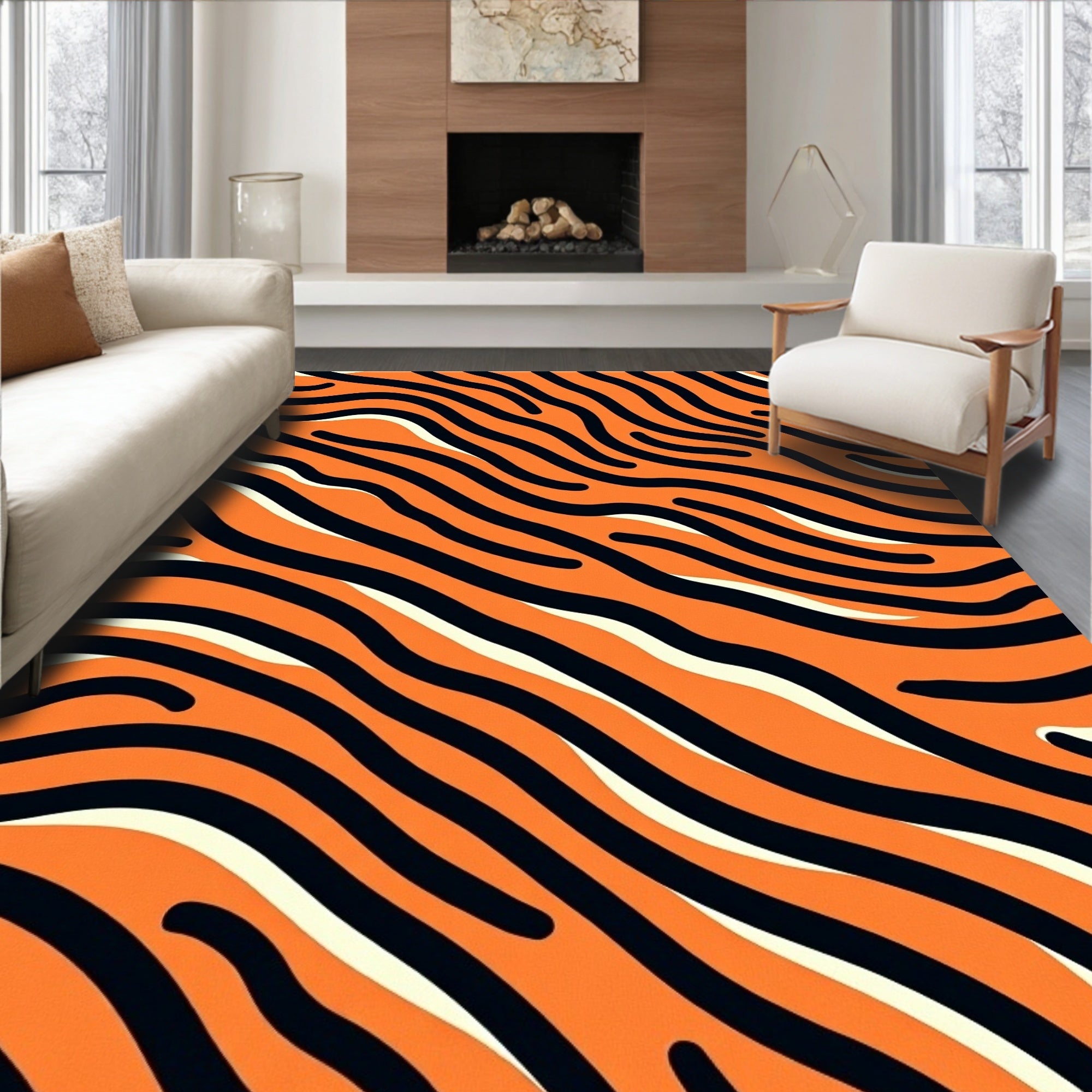 Orange Black Tiger Stripe Wave Rug